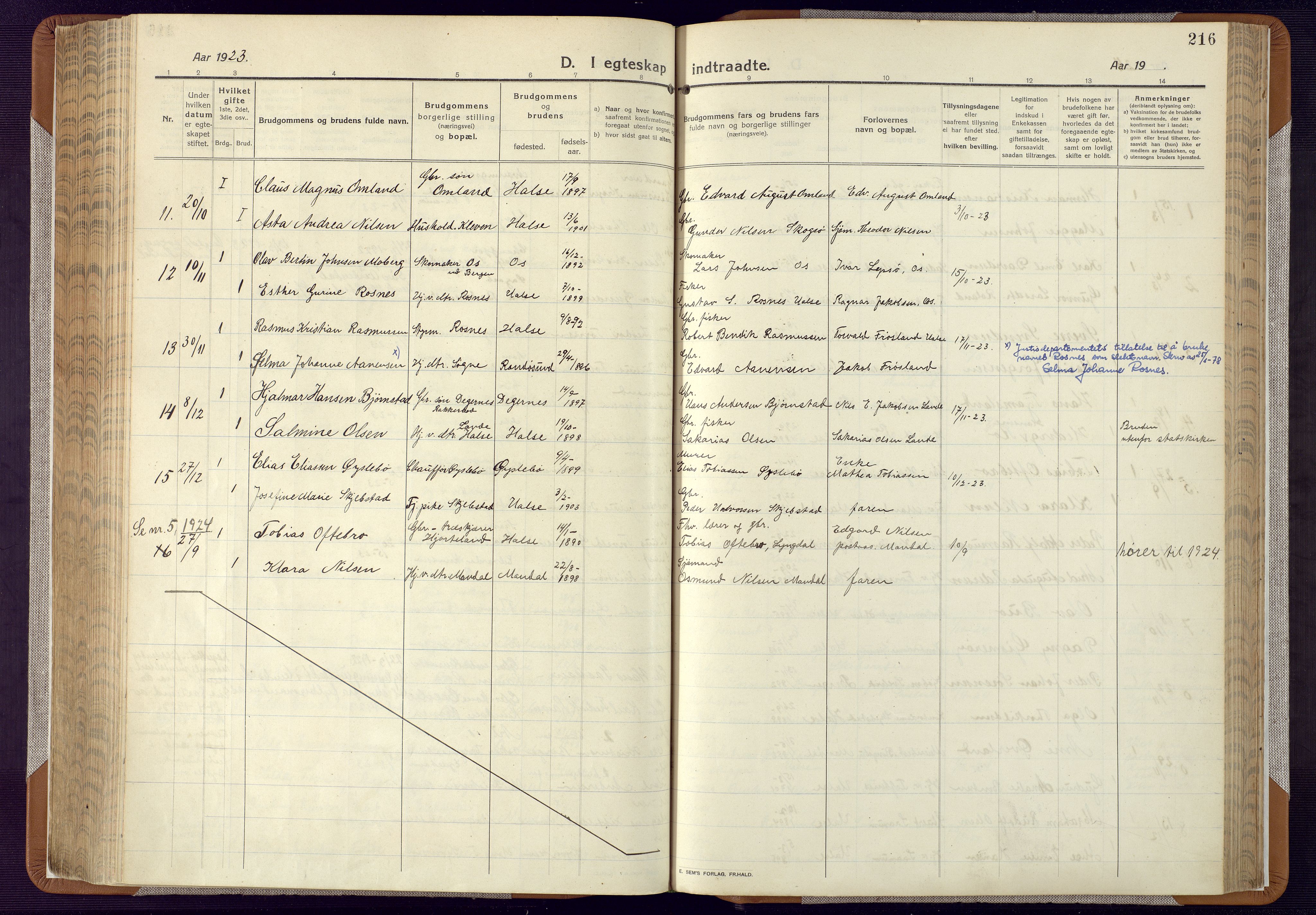 Mandal sokneprestkontor, AV/SAK-1111-0030/F/Fa/Faa/L0022: Parish register (official) no. A 22, 1913-1925, p. 216