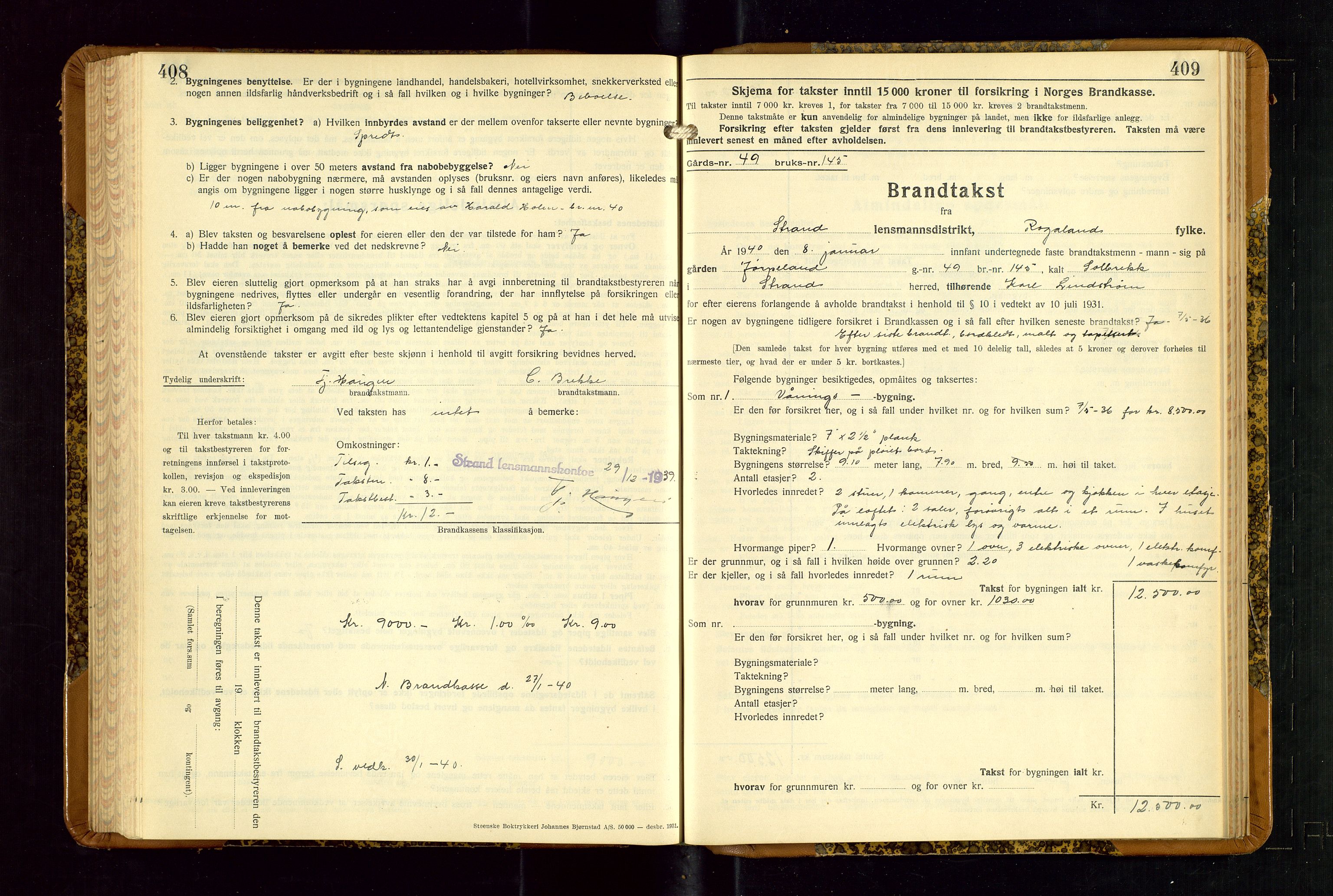 Strand og Forsand lensmannskontor, AV/SAST-A-100451/Gob/L0001: Branntakstprotokoll, 1935-1942, p. 408-409