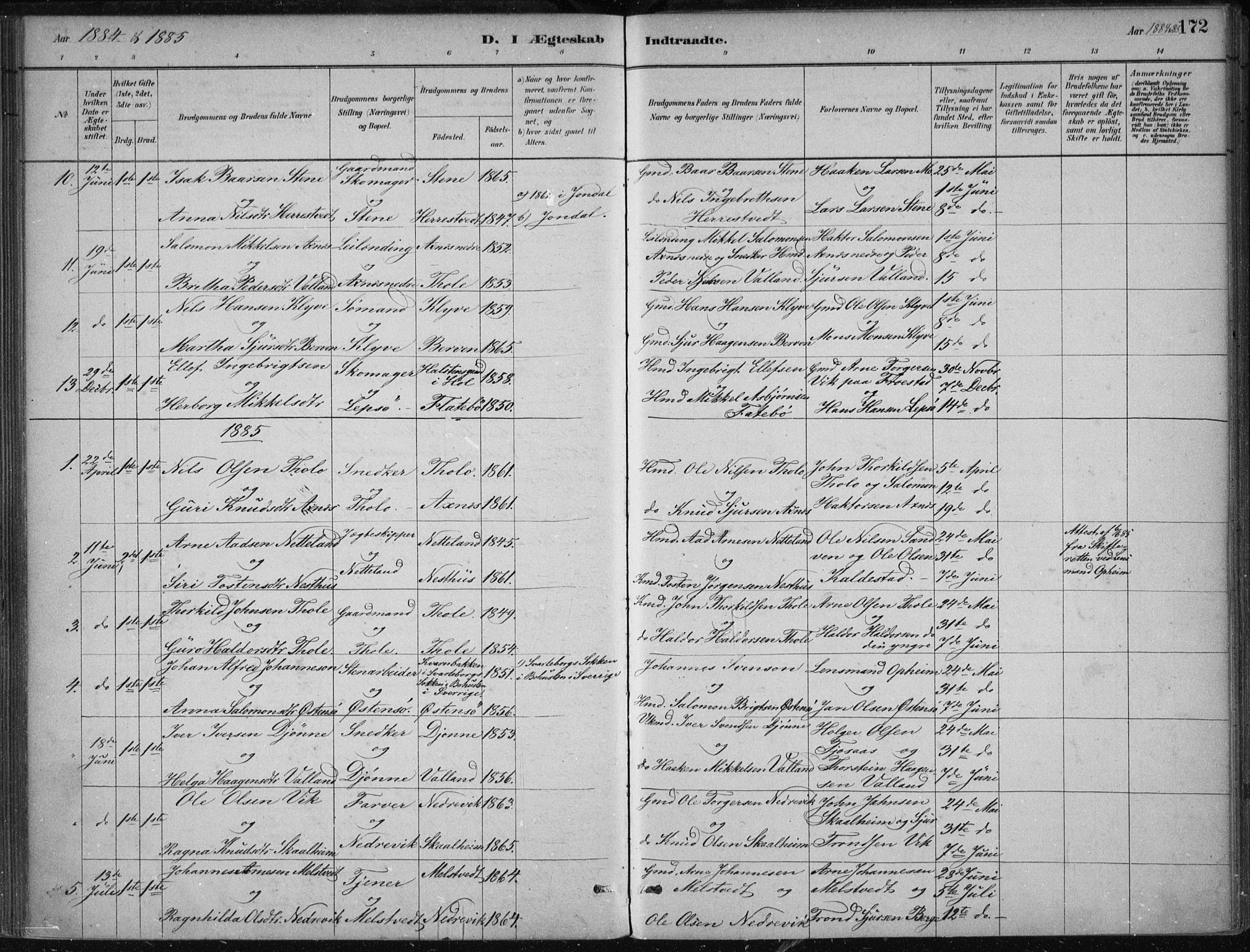 Kvam sokneprestembete, SAB/A-76201/H/Haa: Parish register (official) no. B  1, 1880-1908, p. 172
