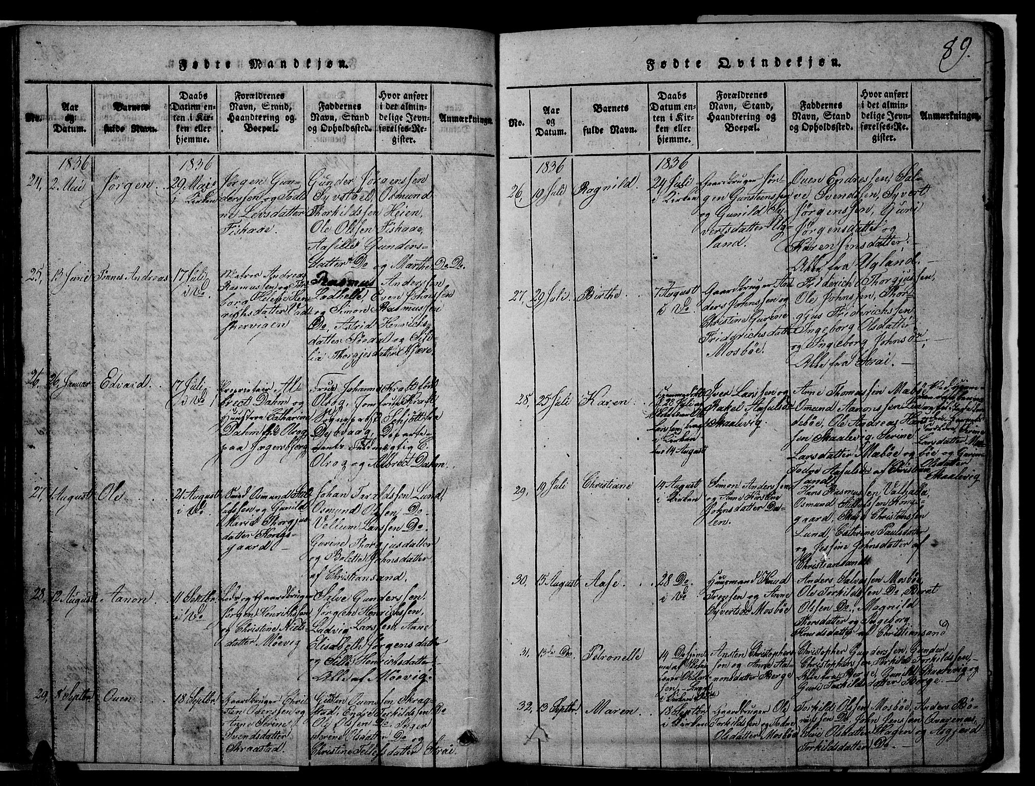 Oddernes sokneprestkontor, AV/SAK-1111-0033/F/Fb/Fba/L0003: Parish register (copy) no. B 3, 1820-1838, p. 89