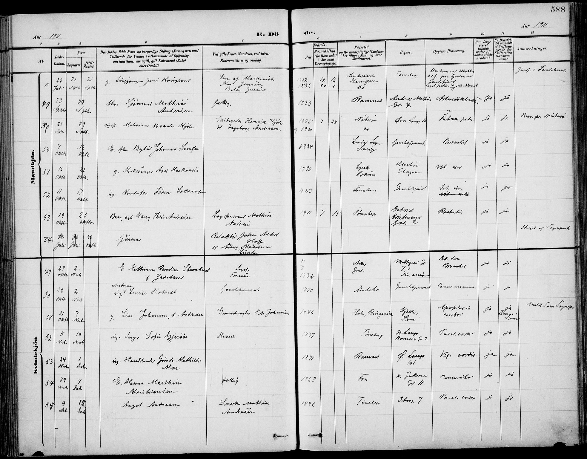Tønsberg kirkebøker, SAKO/A-330/F/Fa/L0013: Parish register (official) no. I 13, 1900-1913, p. 588