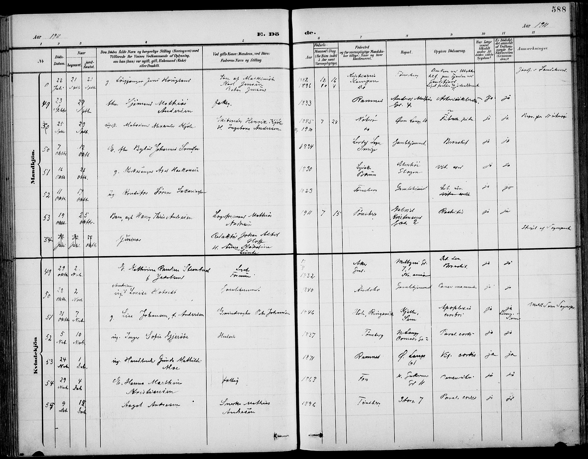 Tønsberg kirkebøker, AV/SAKO-A-330/F/Fa/L0013: Parish register (official) no. I 13, 1900-1913, p. 588