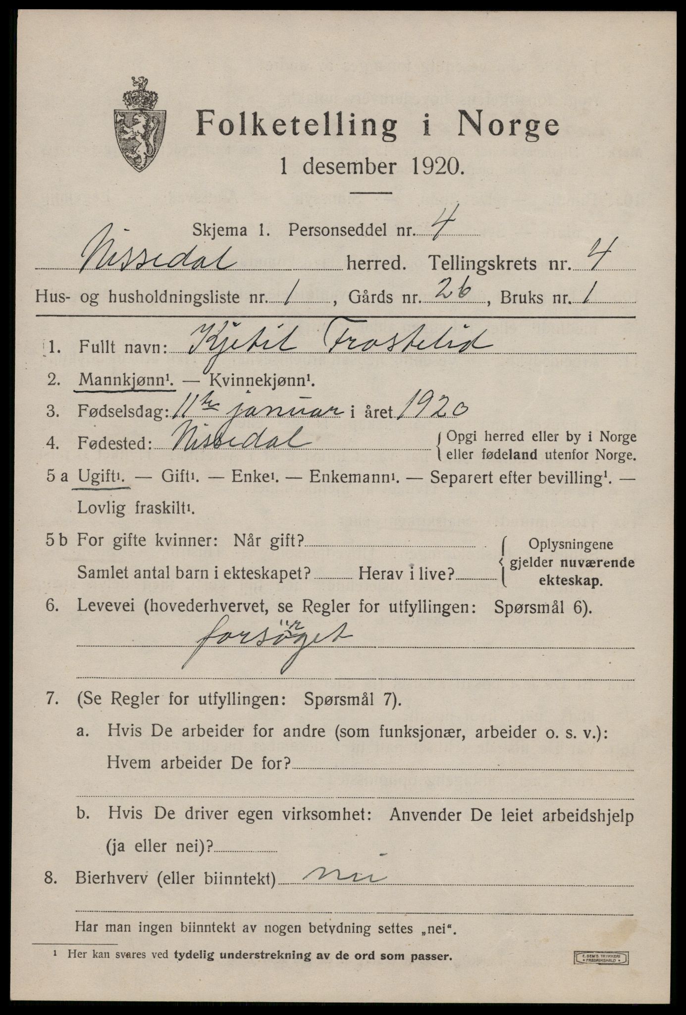 SAKO, 1920 census for Nissedal, 1920, p. 1833