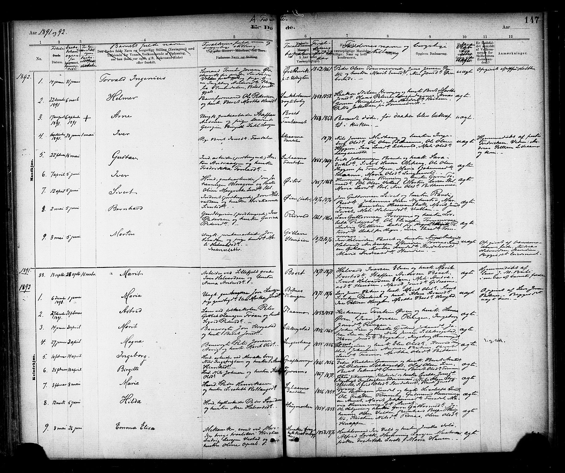 Ministerialprotokoller, klokkerbøker og fødselsregistre - Nord-Trøndelag, SAT/A-1458/706/L0047: Parish register (official) no. 706A03, 1878-1892, p. 147