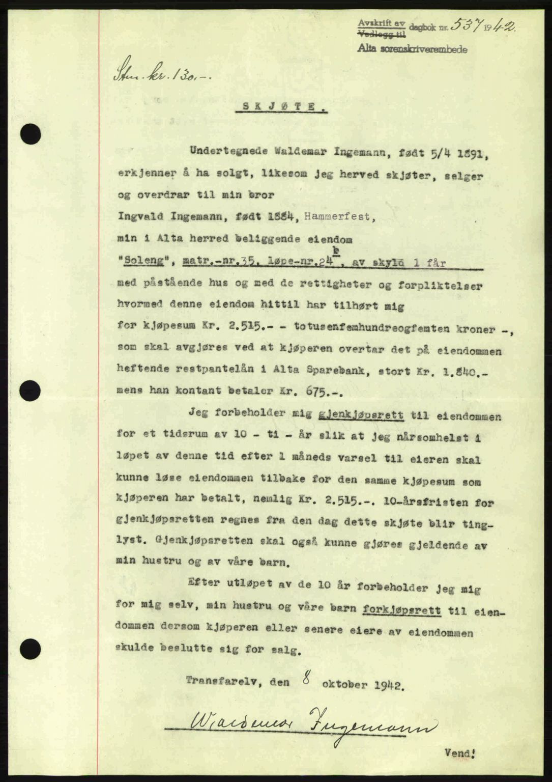 Alta fogderi/sorenskriveri, SATØ/SATØ-5/1/K/Kd/L0033pantebok: Mortgage book no. 33, 1940-1943, Diary no: : 537/1942