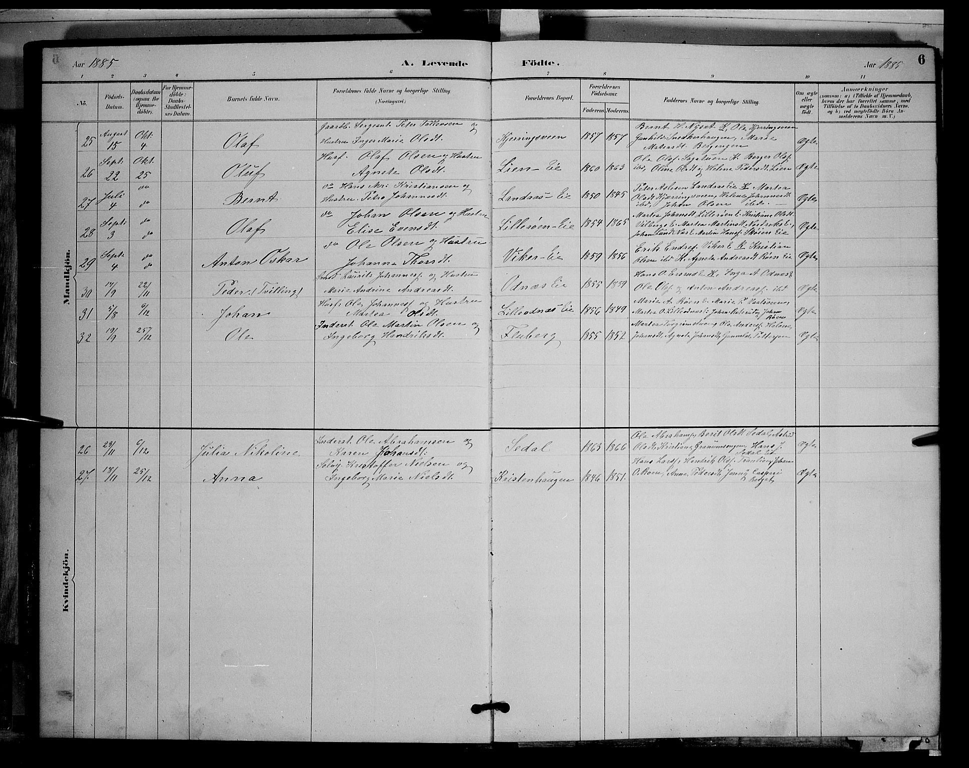 Søndre Land prestekontor, SAH/PREST-122/L/L0003: Parish register (copy) no. 3, 1884-1902, p. 6