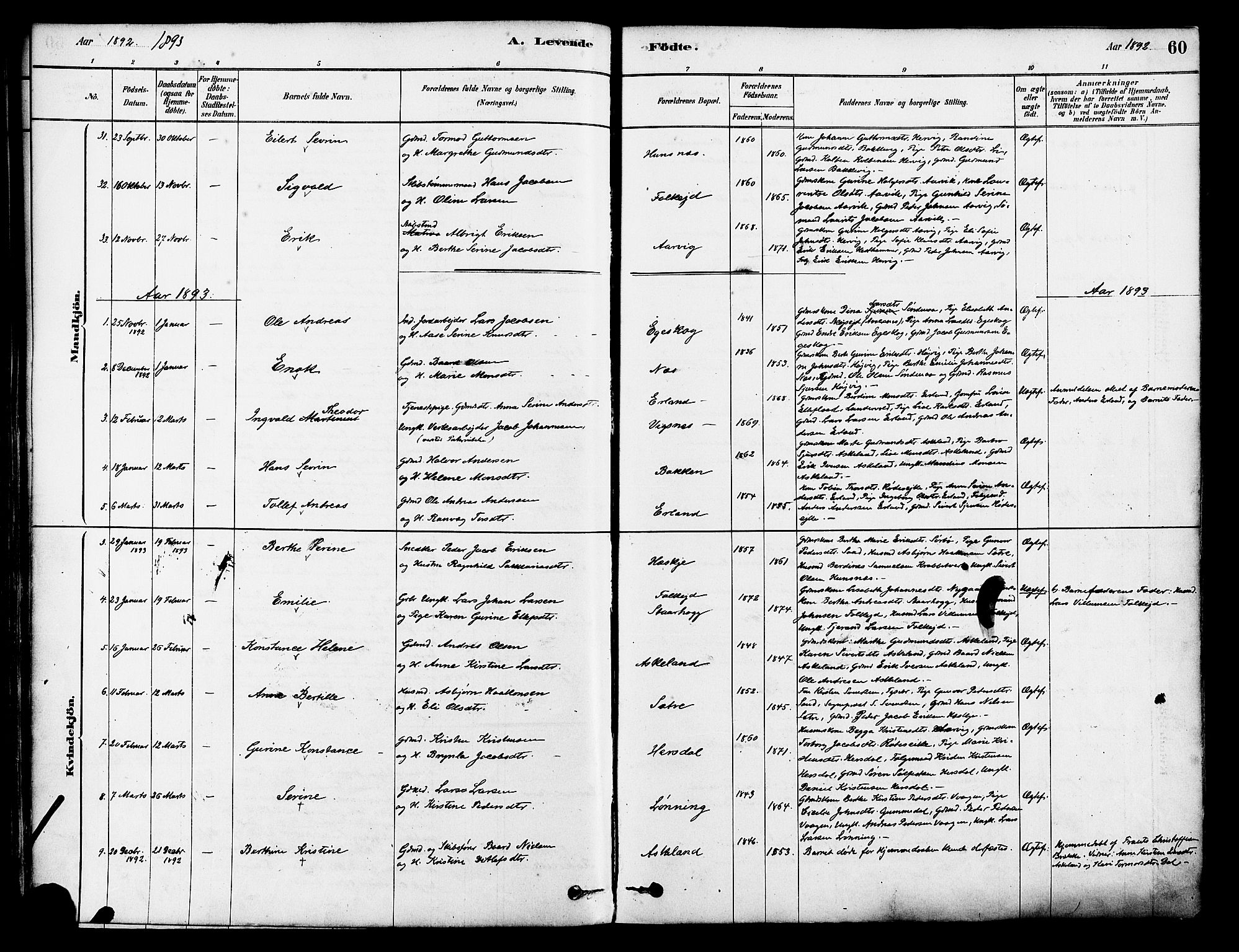 Tysvær sokneprestkontor, AV/SAST-A -101864/H/Ha/Haa/L0006: Parish register (official) no. A 6, 1878-1896, p. 60