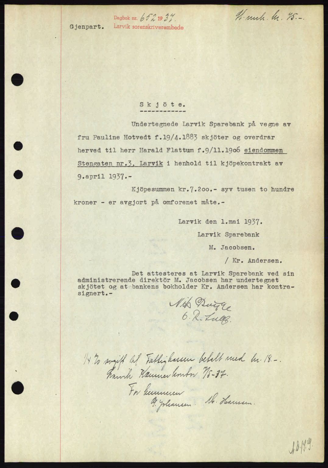 Larvik sorenskriveri, SAKO/A-83/G/Ga/Gab/L0067: Mortgage book no. A-1, 1936-1937, Diary no: : 652/1937