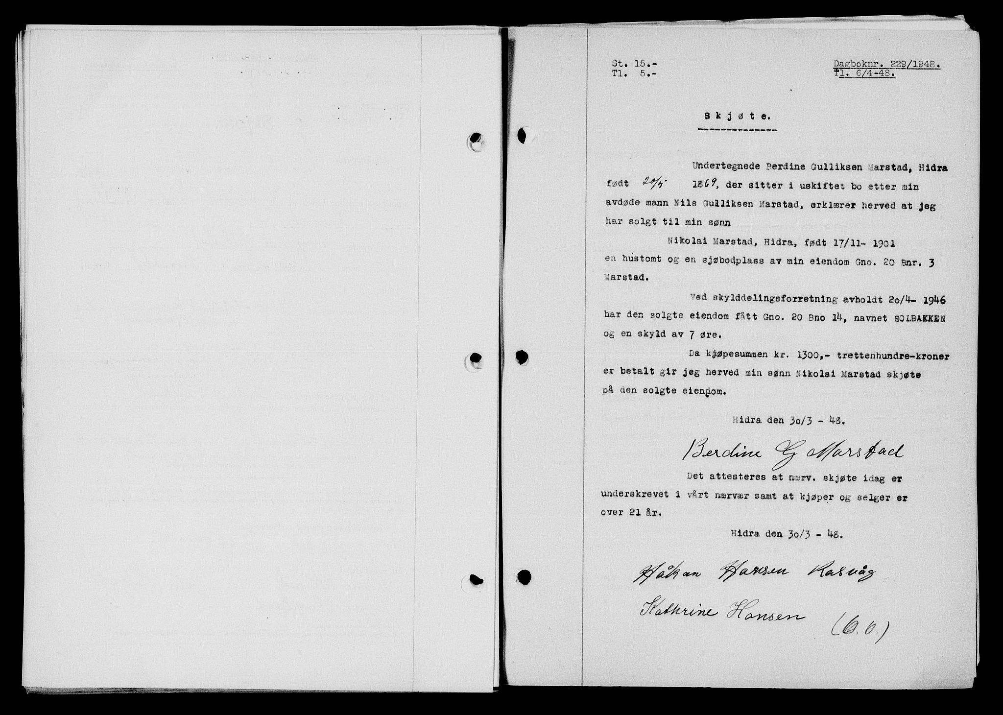Flekkefjord sorenskriveri, SAK/1221-0001/G/Gb/Gba/L0063: Mortgage book no. A-11, 1947-1948, Diary no: : 229/1948