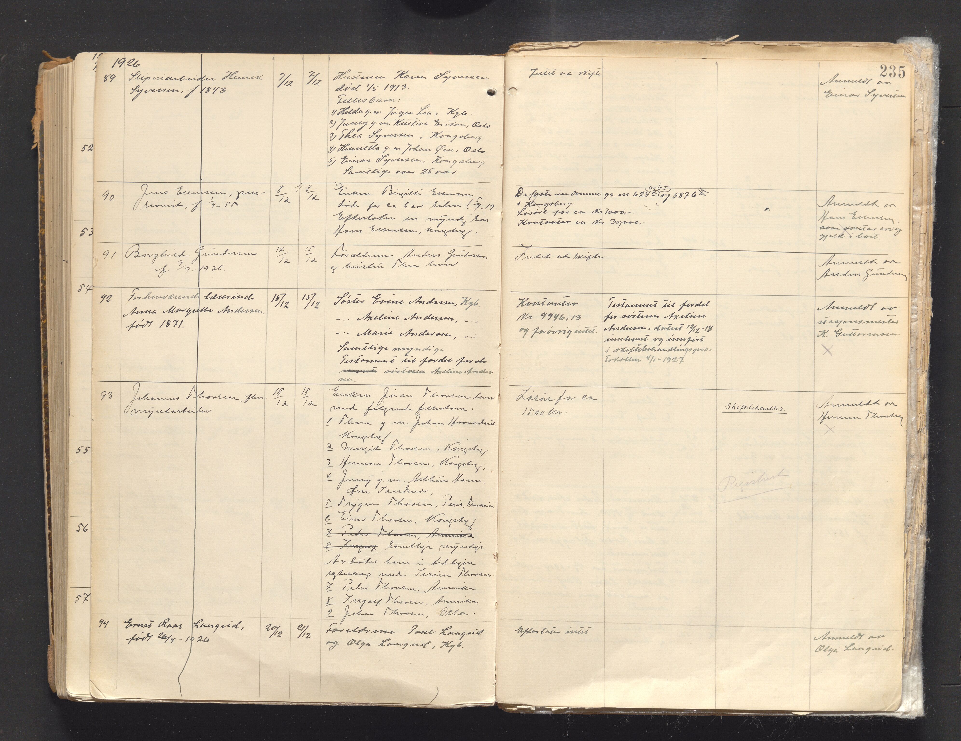 Numedal og Sandsvær sorenskriveri, AV/SAKO-A-128/H/Ha/Haa/Haab/L0001: Dødsfallsprotokoll - Kongsberg by, 1891-1926, p. 234b-235a