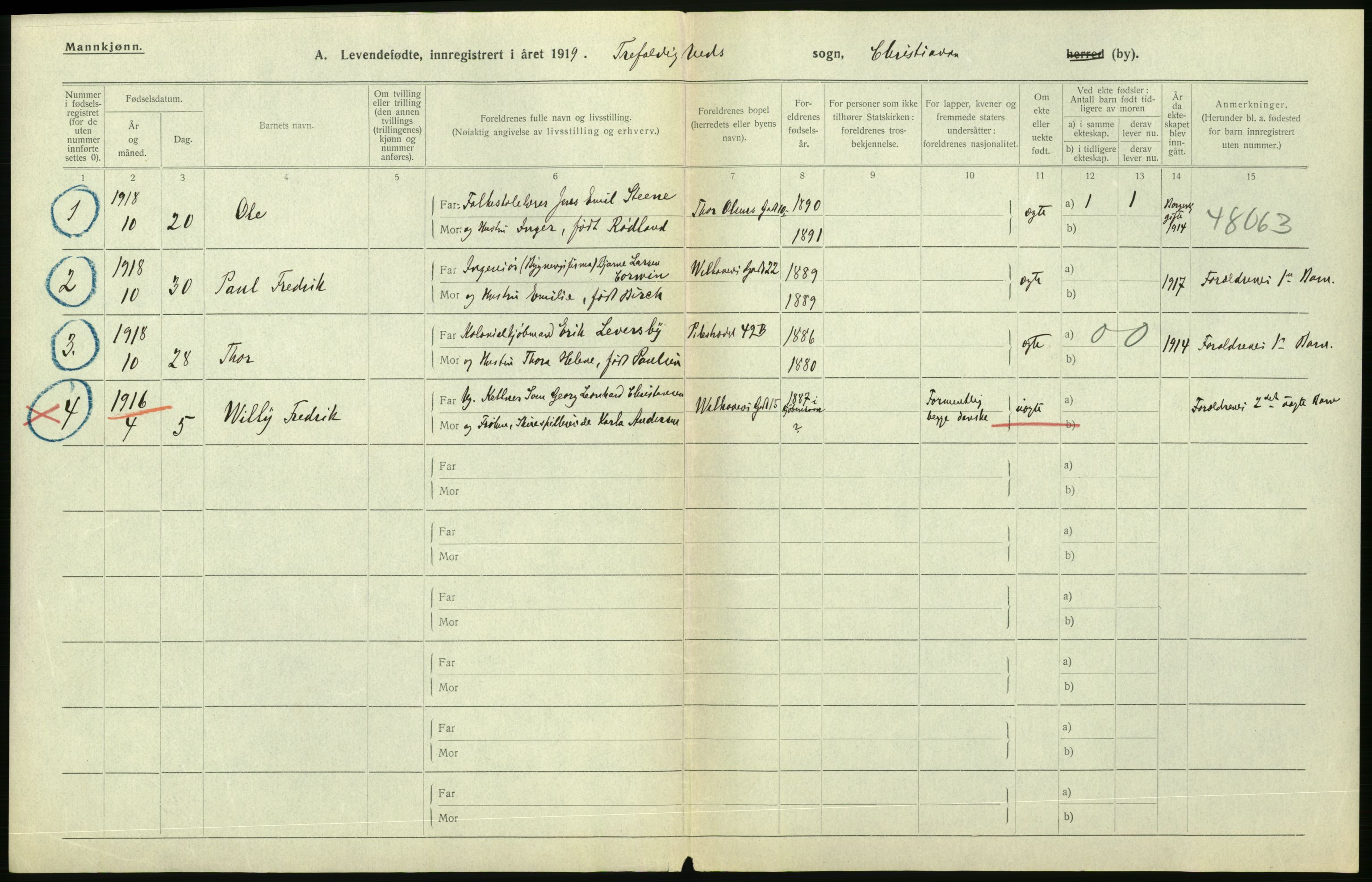 Statistisk sentralbyrå, Sosiodemografiske emner, Befolkning, AV/RA-S-2228/D/Df/Dfb/Dfbi/L0007: Kristiania: Levendefødte menn og kvinner., 1919, p. 316