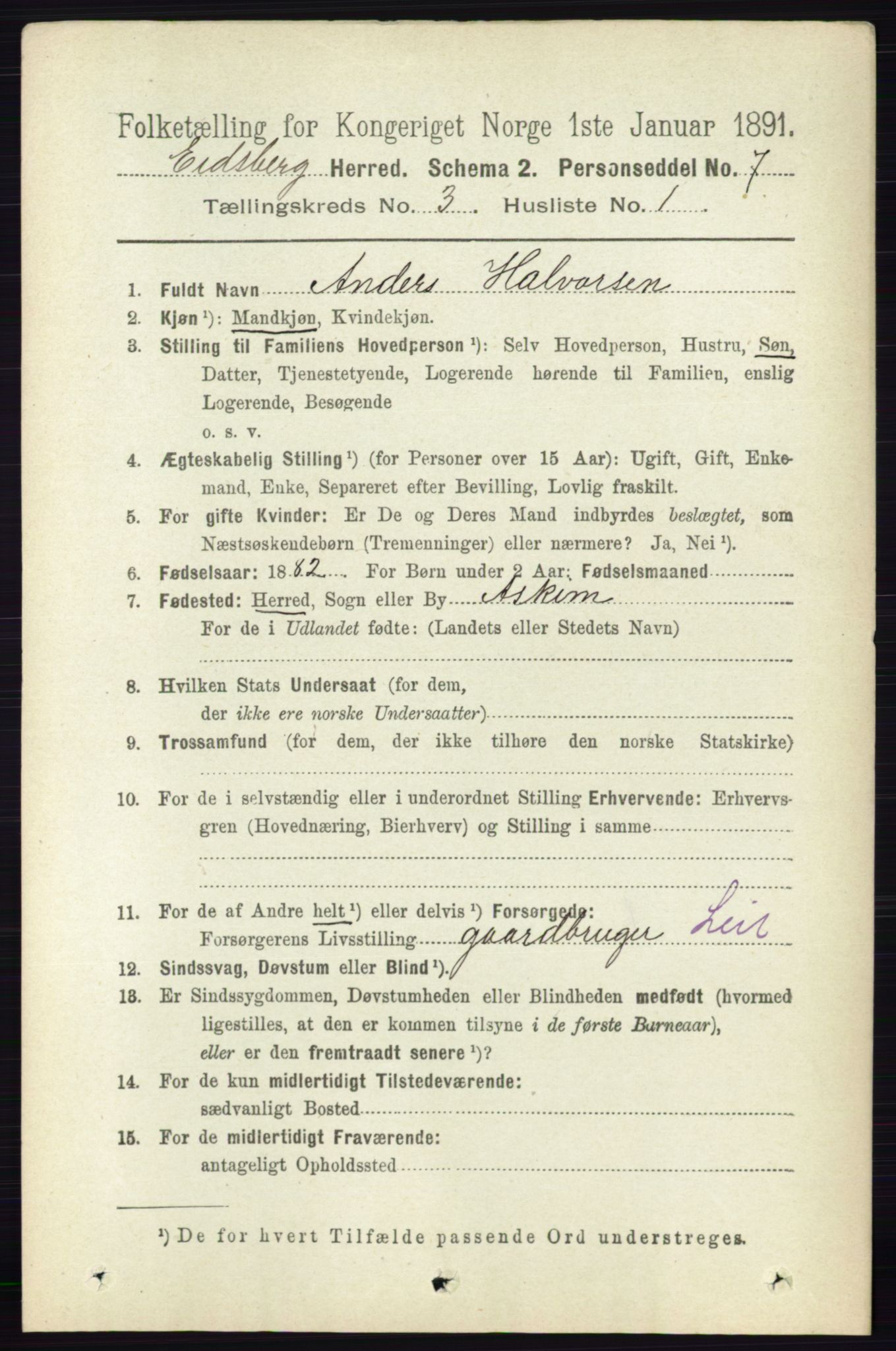 RA, 1891 census for 0125 Eidsberg, 1891, p. 1461