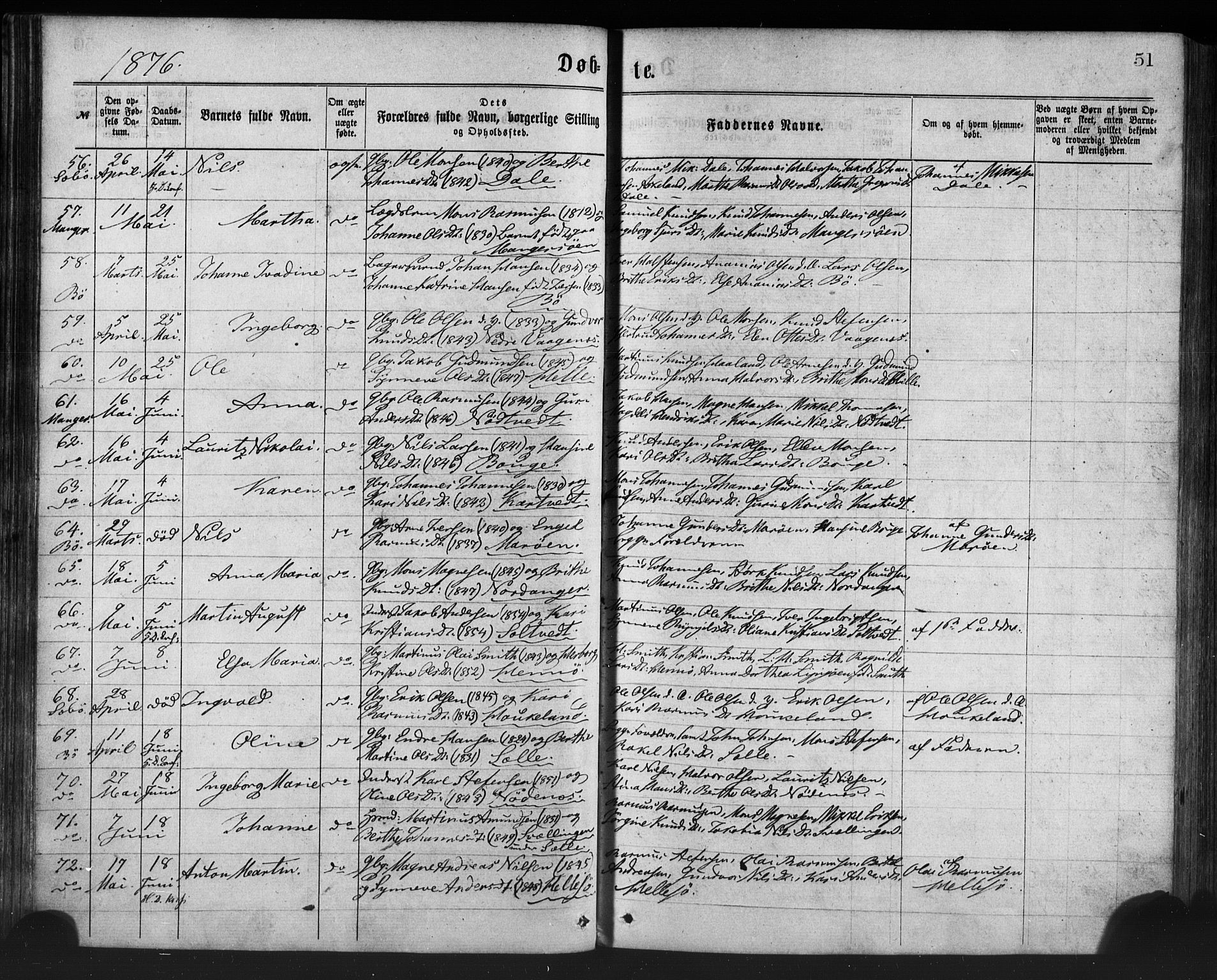 Manger sokneprestembete, AV/SAB-A-76801/H/Haa: Parish register (official) no. A 8, 1871-1880, p. 51