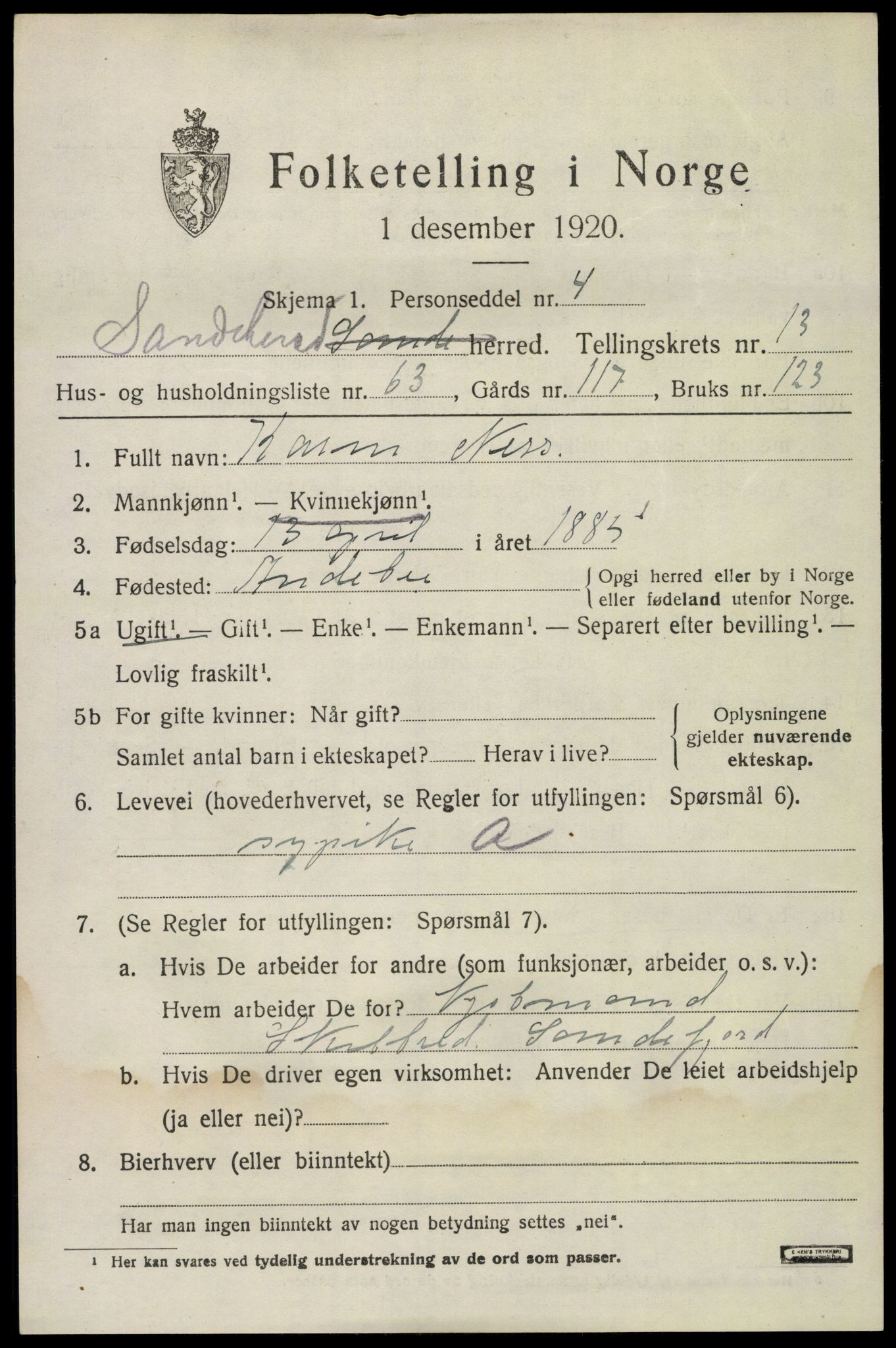 SAKO, 1920 census for Sandeherred, 1920, p. 20164