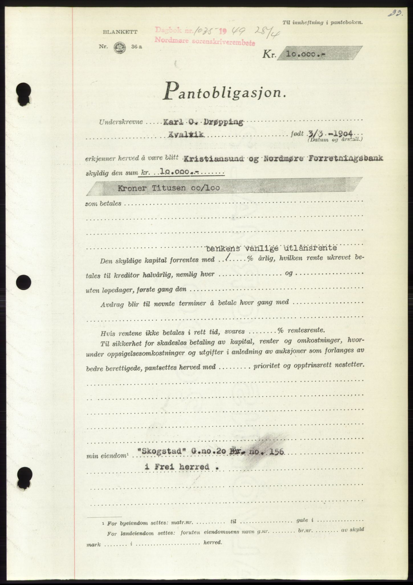 Nordmøre sorenskriveri, AV/SAT-A-4132/1/2/2Ca: Mortgage book no. B101, 1949-1949, Diary no: : 1035/1949