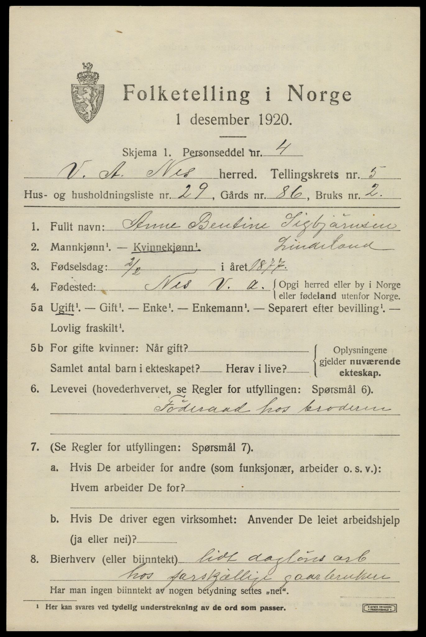 SAK, 1920 census for Nes (V-A), 1920, p. 2956