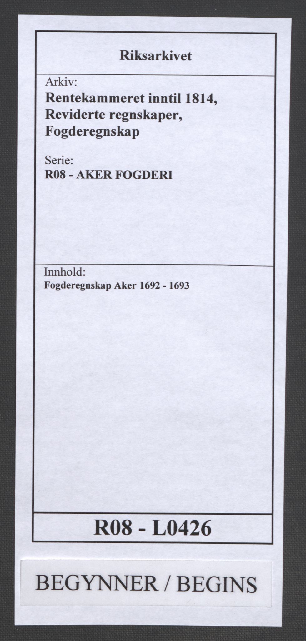 Rentekammeret inntil 1814, Reviderte regnskaper, Fogderegnskap, RA/EA-4092/R08/L0426: Fogderegnskap Aker, 1692-1693, p. 1