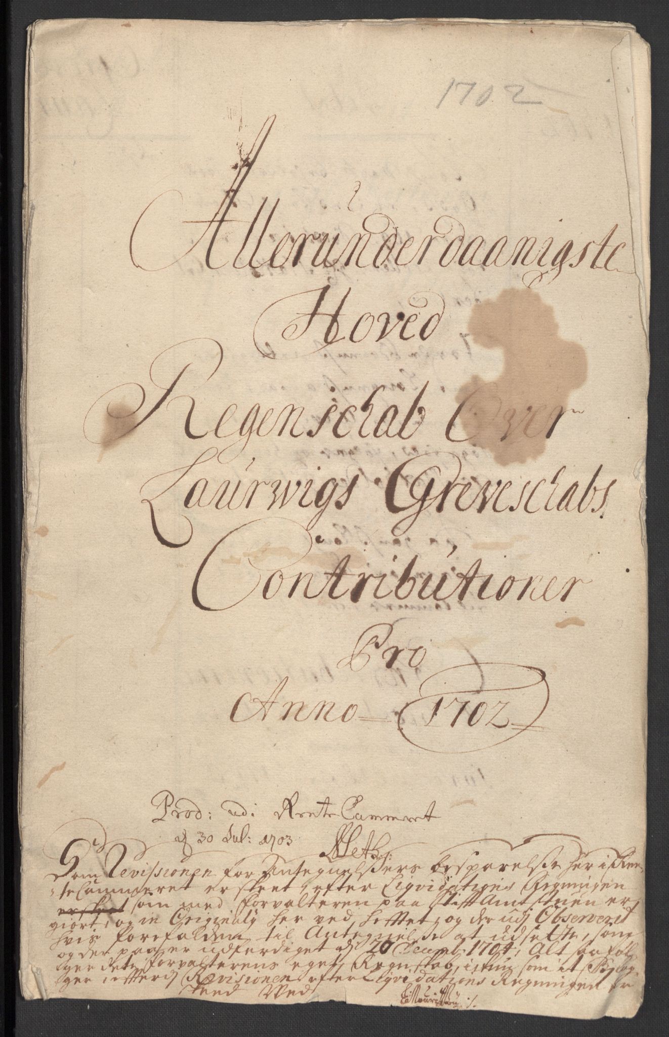 Rentekammeret inntil 1814, Reviderte regnskaper, Fogderegnskap, RA/EA-4092/R33/L1977: Fogderegnskap Larvik grevskap, 1702-1703, p. 3