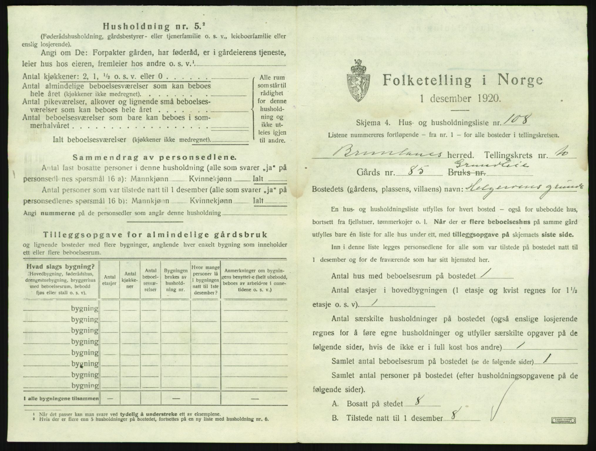 SAKO, 1920 census for Brunlanes, 1920, p. 1461