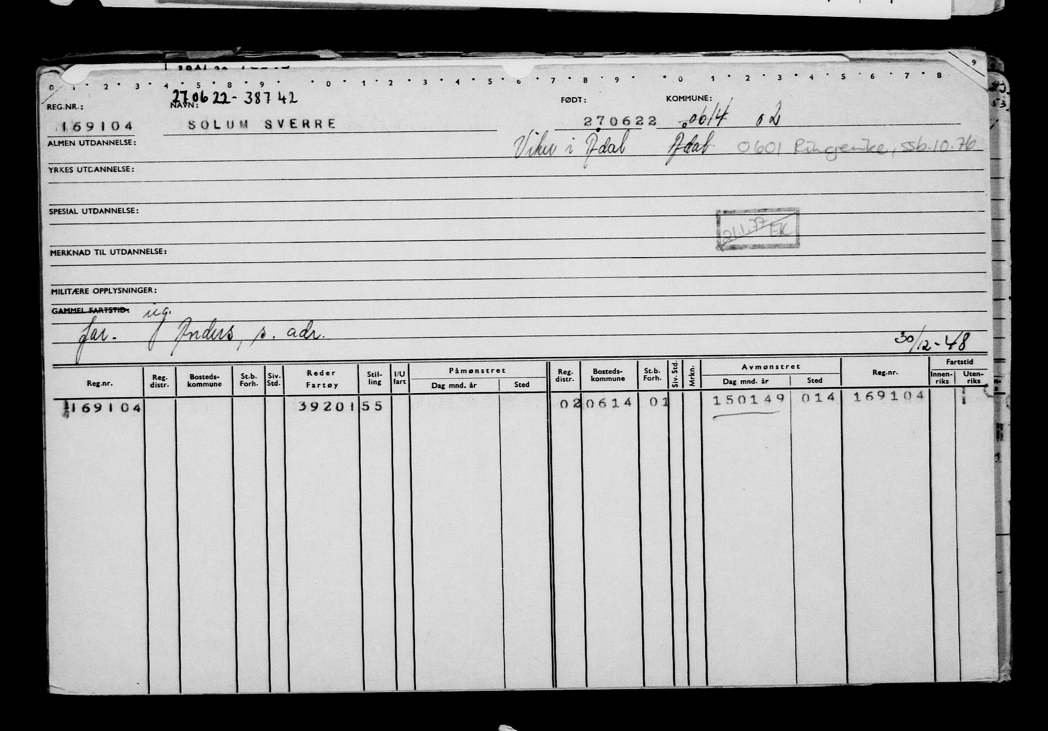 Direktoratet for sjømenn, AV/RA-S-3545/G/Gb/L0208: Hovedkort, 1922, p. 89