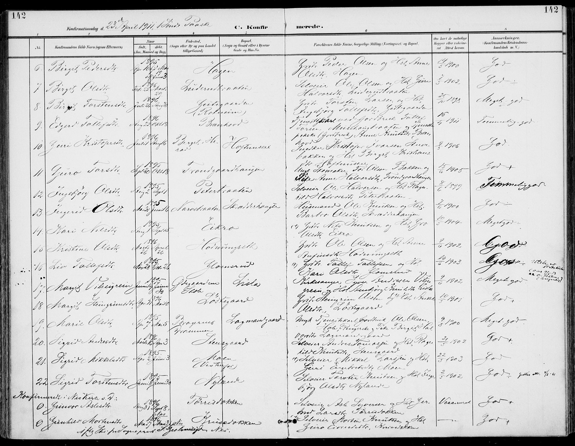 Gol kirkebøker, AV/SAKO-A-226/F/Fa/L0006: Parish register (official) no. I 6, 1901-1918, p. 142