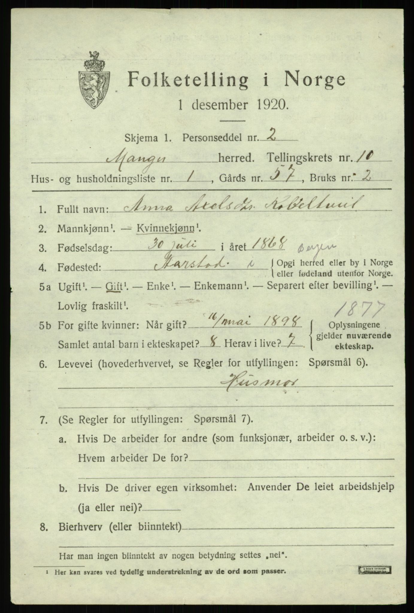 SAB, 1920 census for Manger, 1920, p. 6012