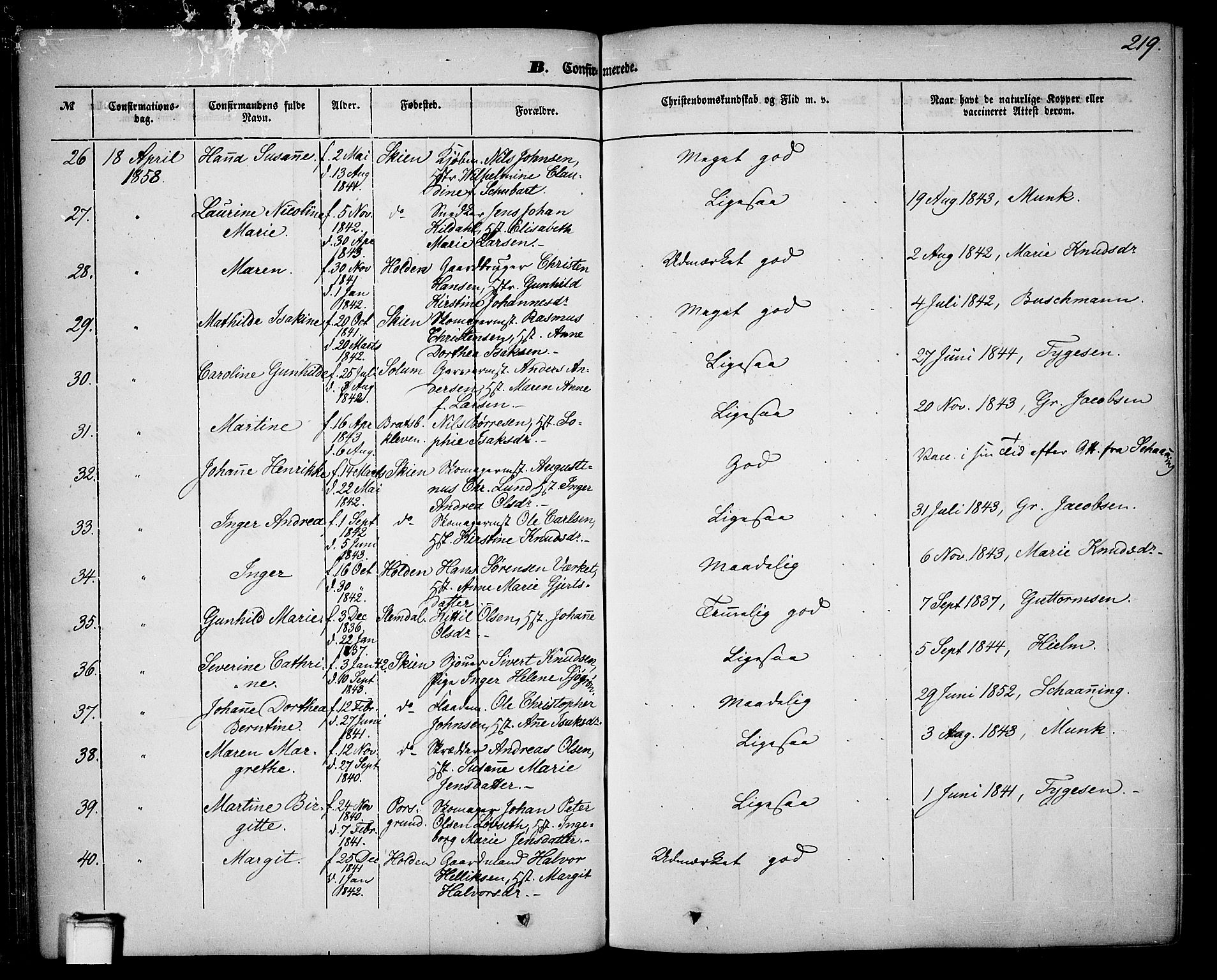 Skien kirkebøker, AV/SAKO-A-302/G/Ga/L0004: Parish register (copy) no. 4, 1843-1867, p. 219