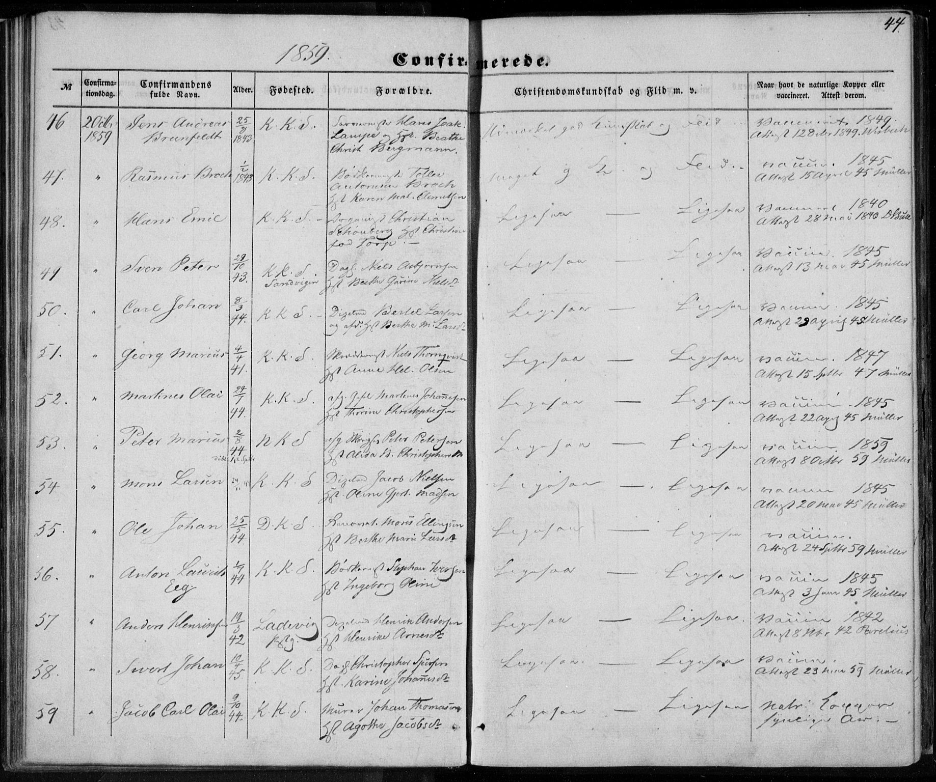 Korskirken sokneprestembete, SAB/A-76101/H/Haa/L0027: Parish register (official) no. C 3, 1854-1868, p. 44