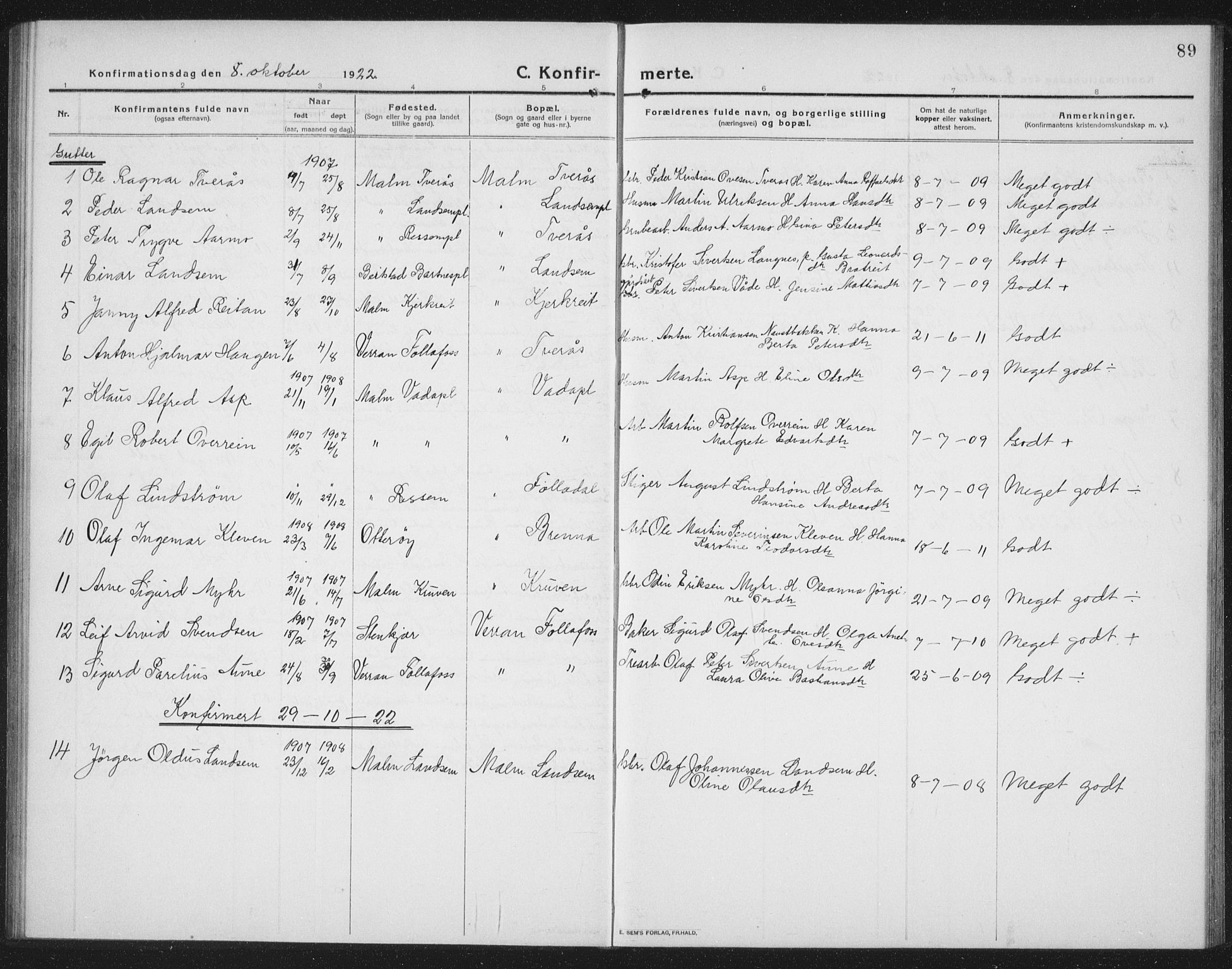 Ministerialprotokoller, klokkerbøker og fødselsregistre - Nord-Trøndelag, AV/SAT-A-1458/745/L0434: Parish register (copy) no. 745C03, 1914-1937, p. 89