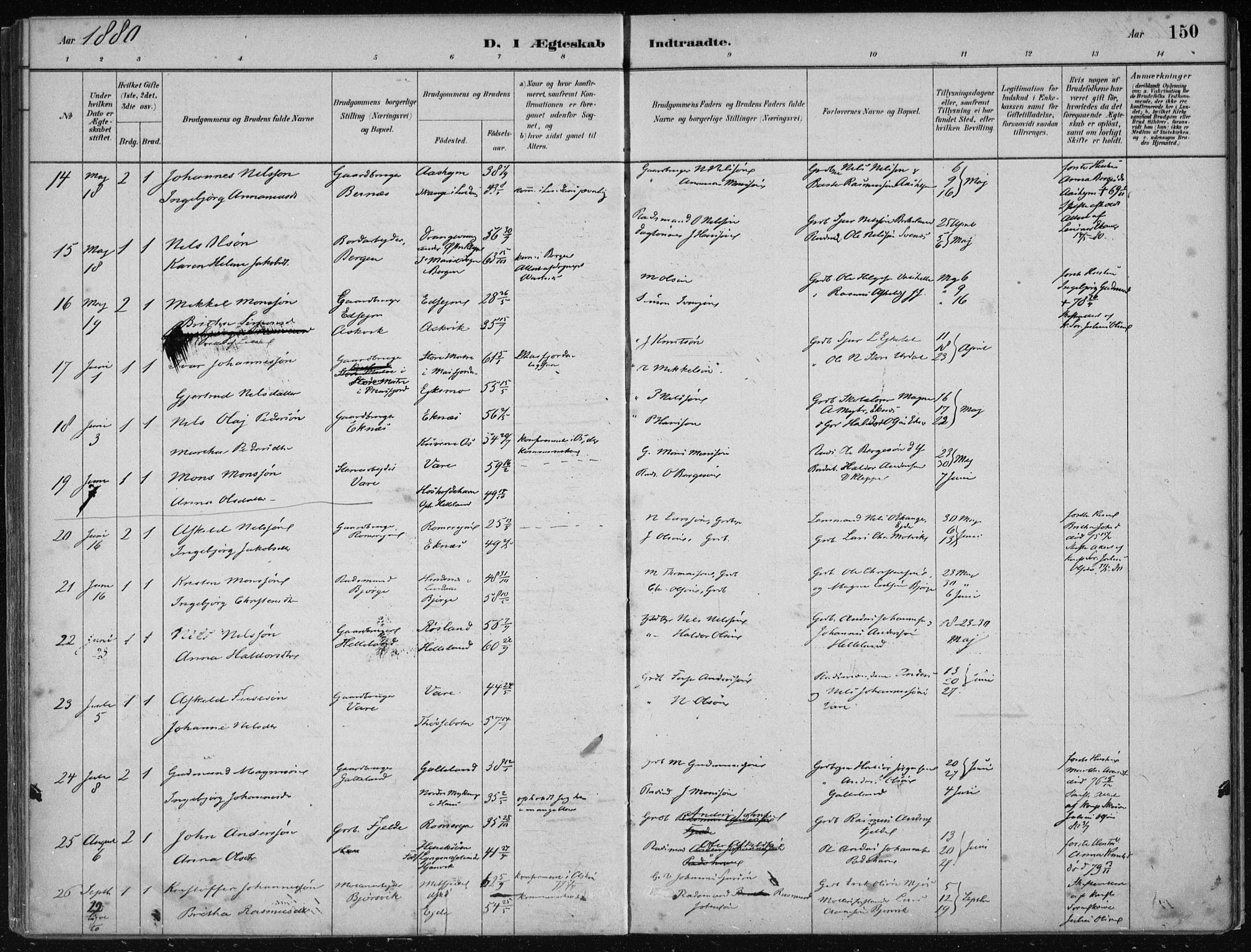 Hosanger sokneprestembete, SAB/A-75801/H/Haa: Parish register (official) no. B  1, 1880-1896, p. 150