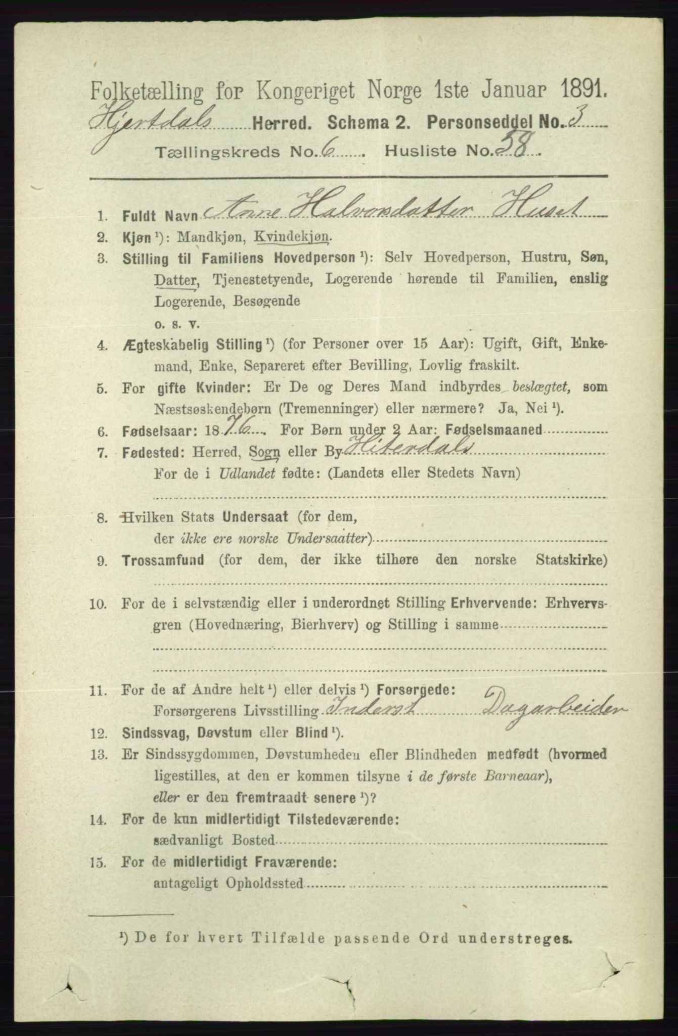 RA, 1891 census for 0827 Hjartdal, 1891, p. 2489