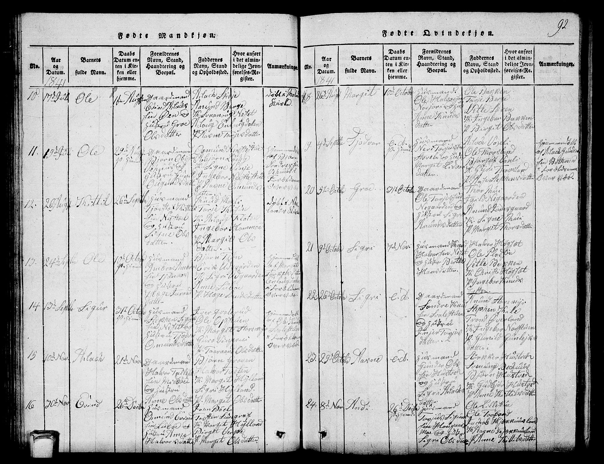 Vinje kirkebøker, SAKO/A-312/G/Ga/L0001: Parish register (copy) no. I 1, 1814-1843, p. 92