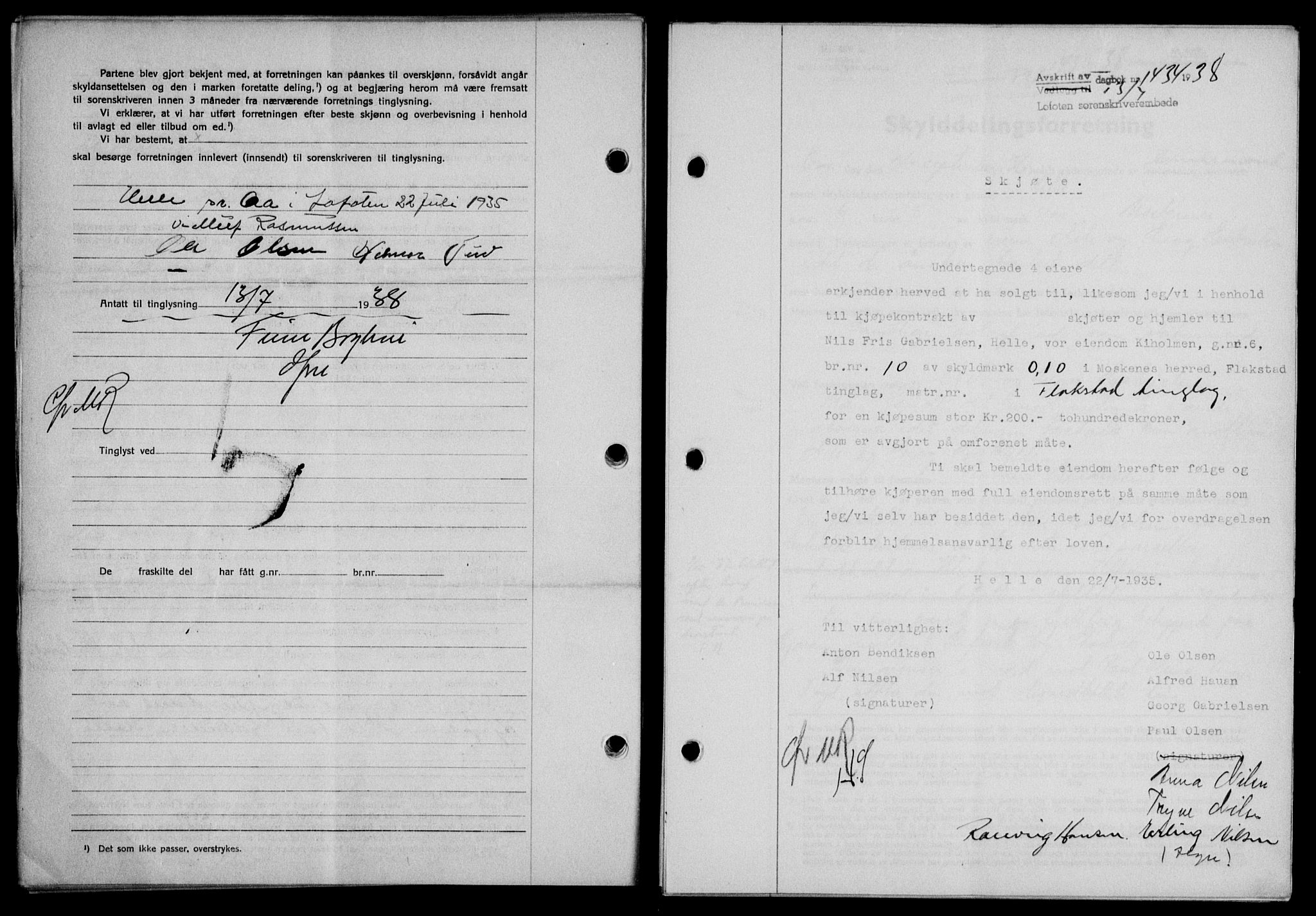 Lofoten sorenskriveri, SAT/A-0017/1/2/2C/L0004a: Mortgage book no. 4a, 1938-1938, Diary no: : 1434/1938