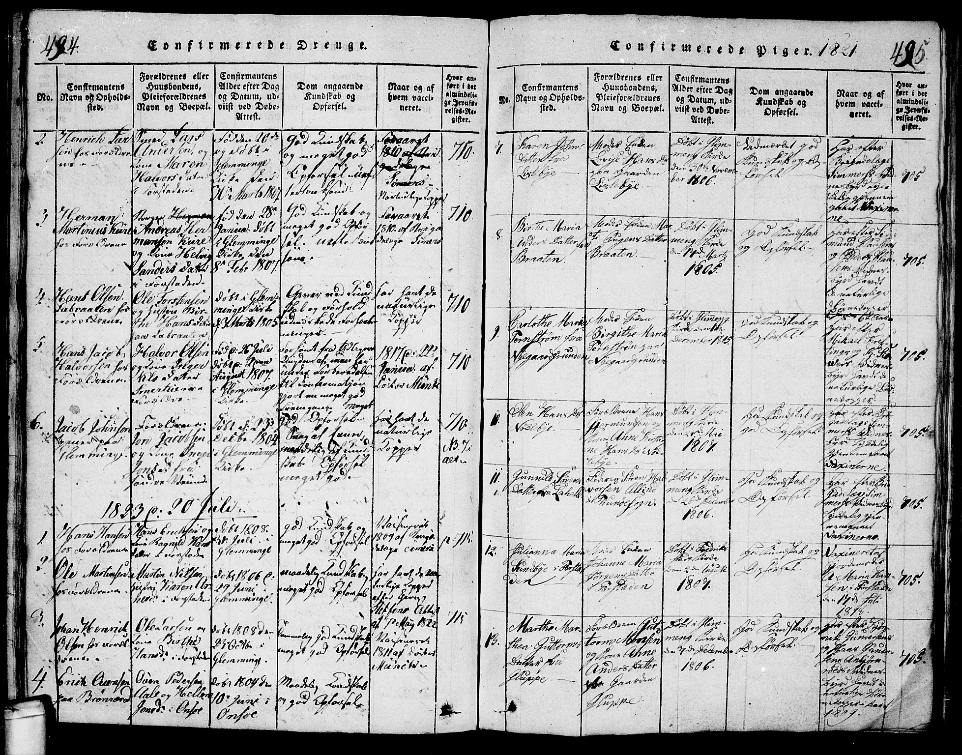 Glemmen prestekontor Kirkebøker, AV/SAO-A-10908/G/Ga/L0001: Parish register (copy) no. 1, 1816-1838, p. 494-495