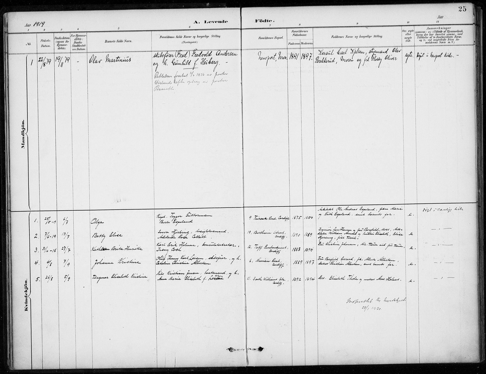 Den norske sjømannsmisjon i utlandet/Bristolhavnene(Cardiff-Swansea), SAB/SAB/PA-0102/H/Ha/Haa/L0002: Parish register (official) no. A 2, 1887-1932, p. 25