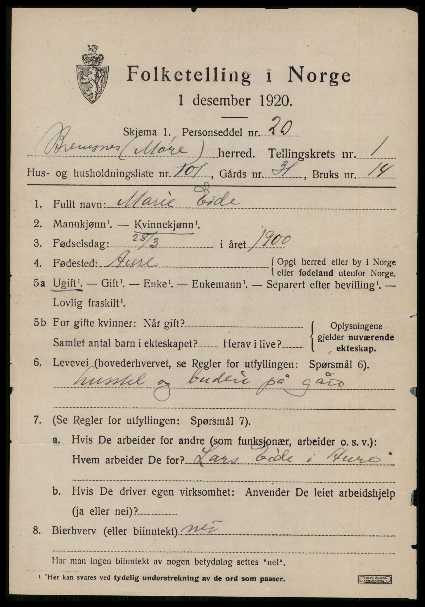 SAT, 1920 census for Bremsnes, 1920, p. 2977