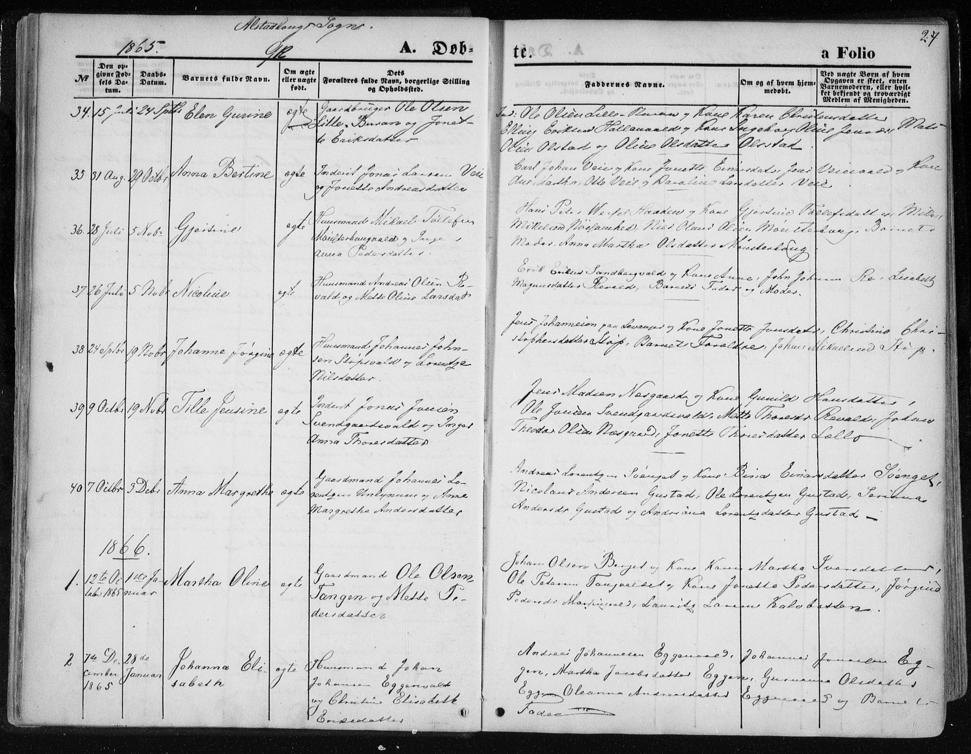 Ministerialprotokoller, klokkerbøker og fødselsregistre - Nord-Trøndelag, AV/SAT-A-1458/717/L0157: Parish register (official) no. 717A08 /1, 1863-1877, p. 27