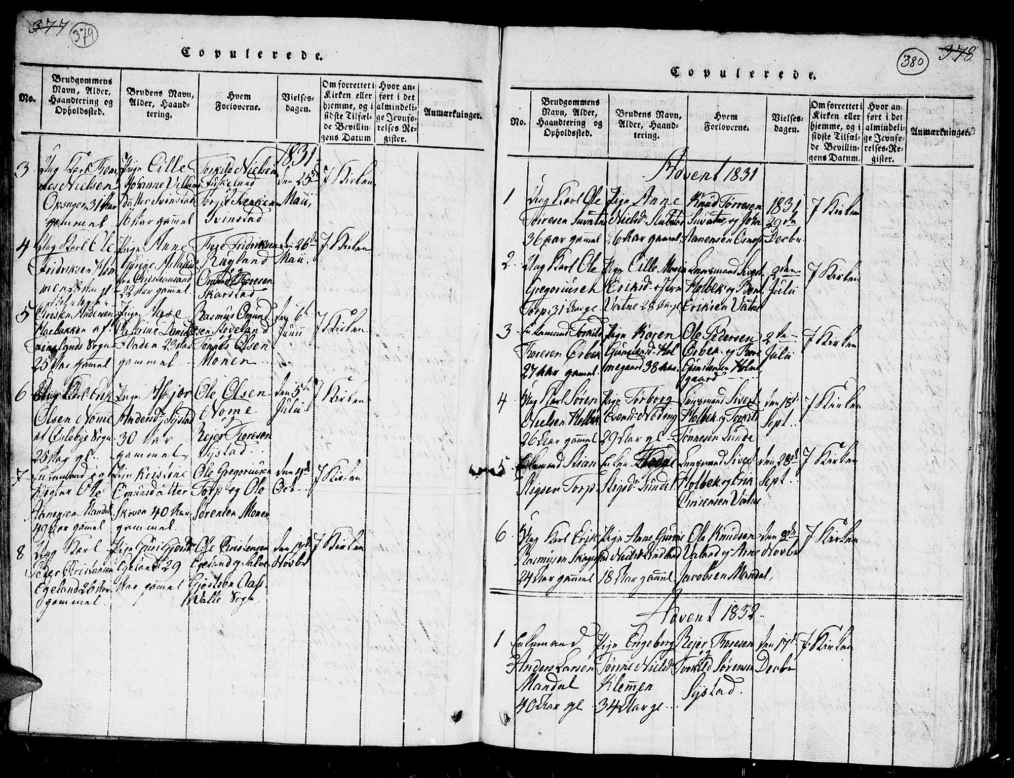 Holum sokneprestkontor, SAK/1111-0022/F/Fb/Fba/L0002: Parish register (copy) no. B 2, 1820-1849, p. 379-380