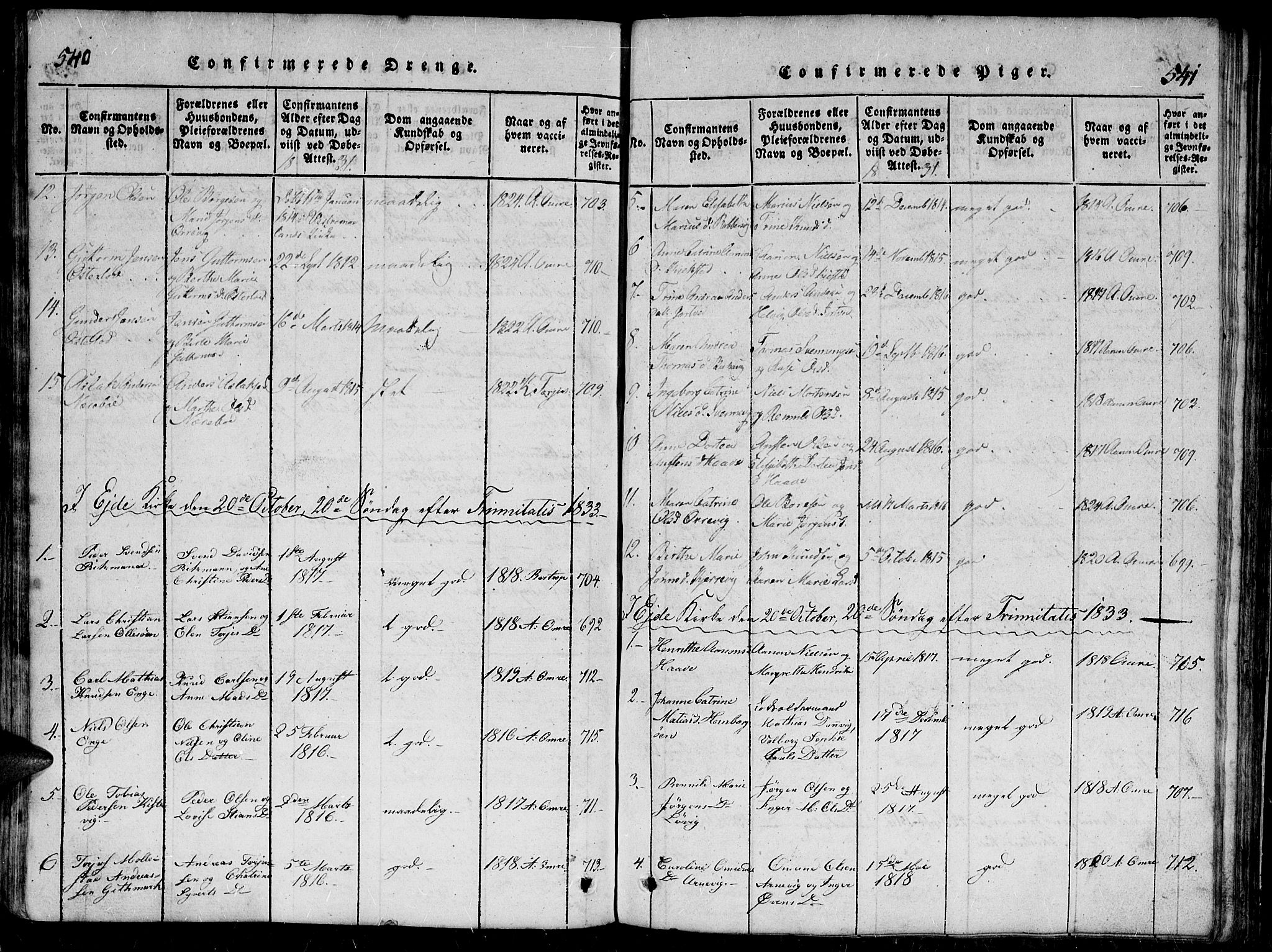 Hommedal sokneprestkontor, AV/SAK-1111-0023/F/Fb/Fbb/L0003: Parish register (copy) no. B 3 /2, 1816-1850, p. 540-541