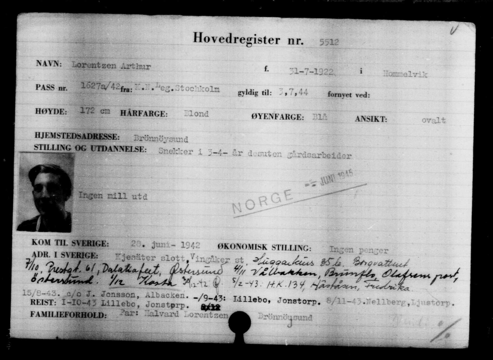 Utenriksstasjonene, Legasjonen i Stockholm, Flyktningkontoret, AV/RA-S-6753/V/Va/L0004: Kjesäterkartoteket, flyktninger med registreringsnr. 3496-6610, 1940-1945, p. 2331