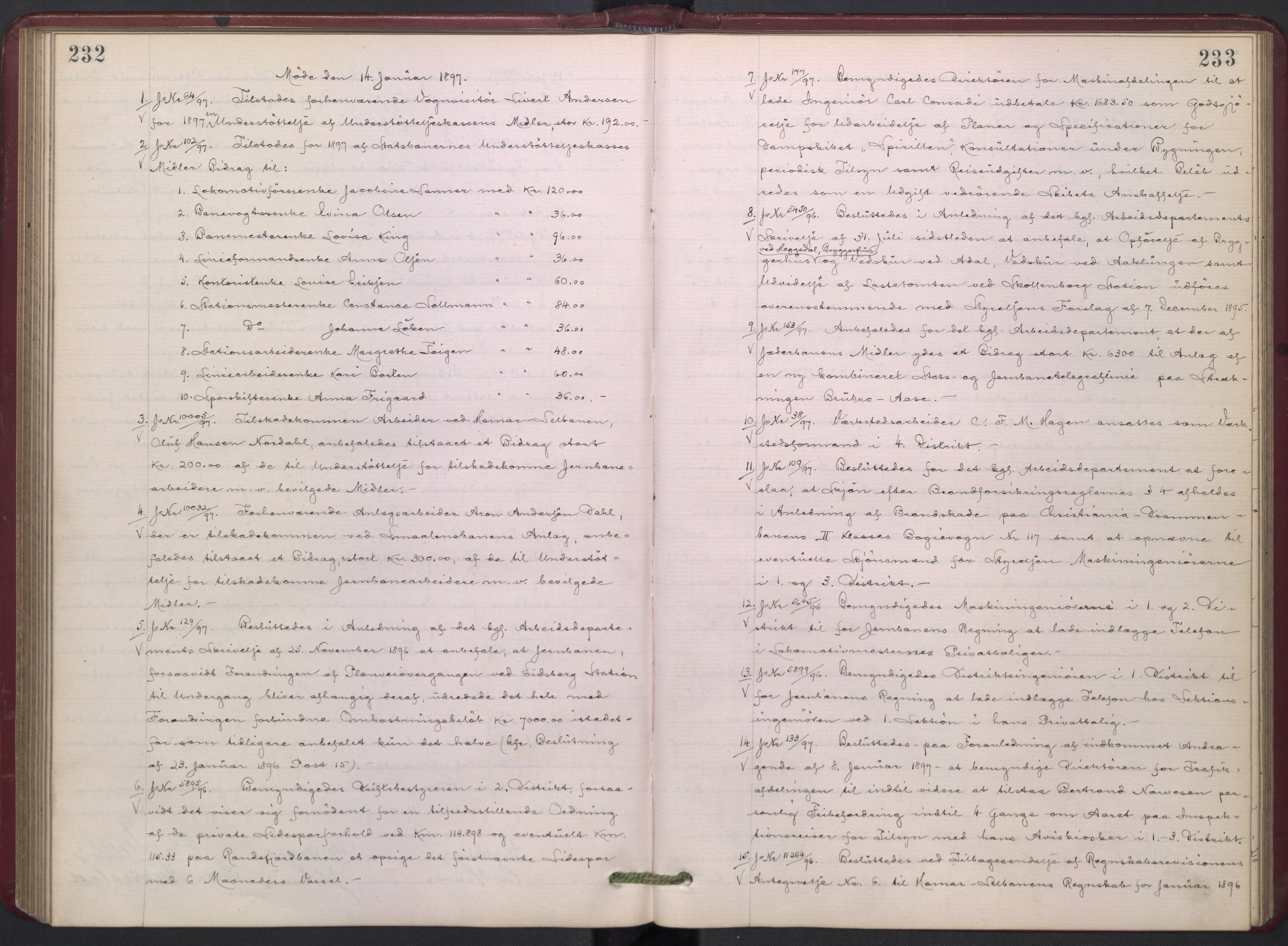 Norges statsbaner, Administrasjons- økonomi- og personalavdelingen, RA/S-3412/A/Aa/L0003: Forhandlingsprotokoll, 1895-1897, p. 232-233