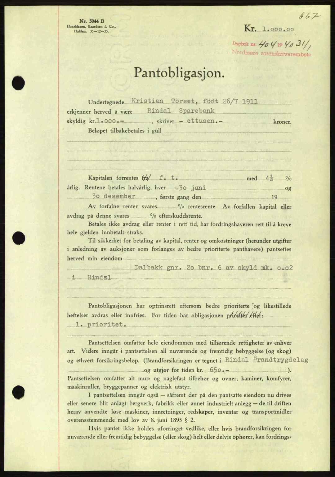 Nordmøre sorenskriveri, AV/SAT-A-4132/1/2/2Ca: Mortgage book no. B86, 1939-1940, Diary no: : 404/1940