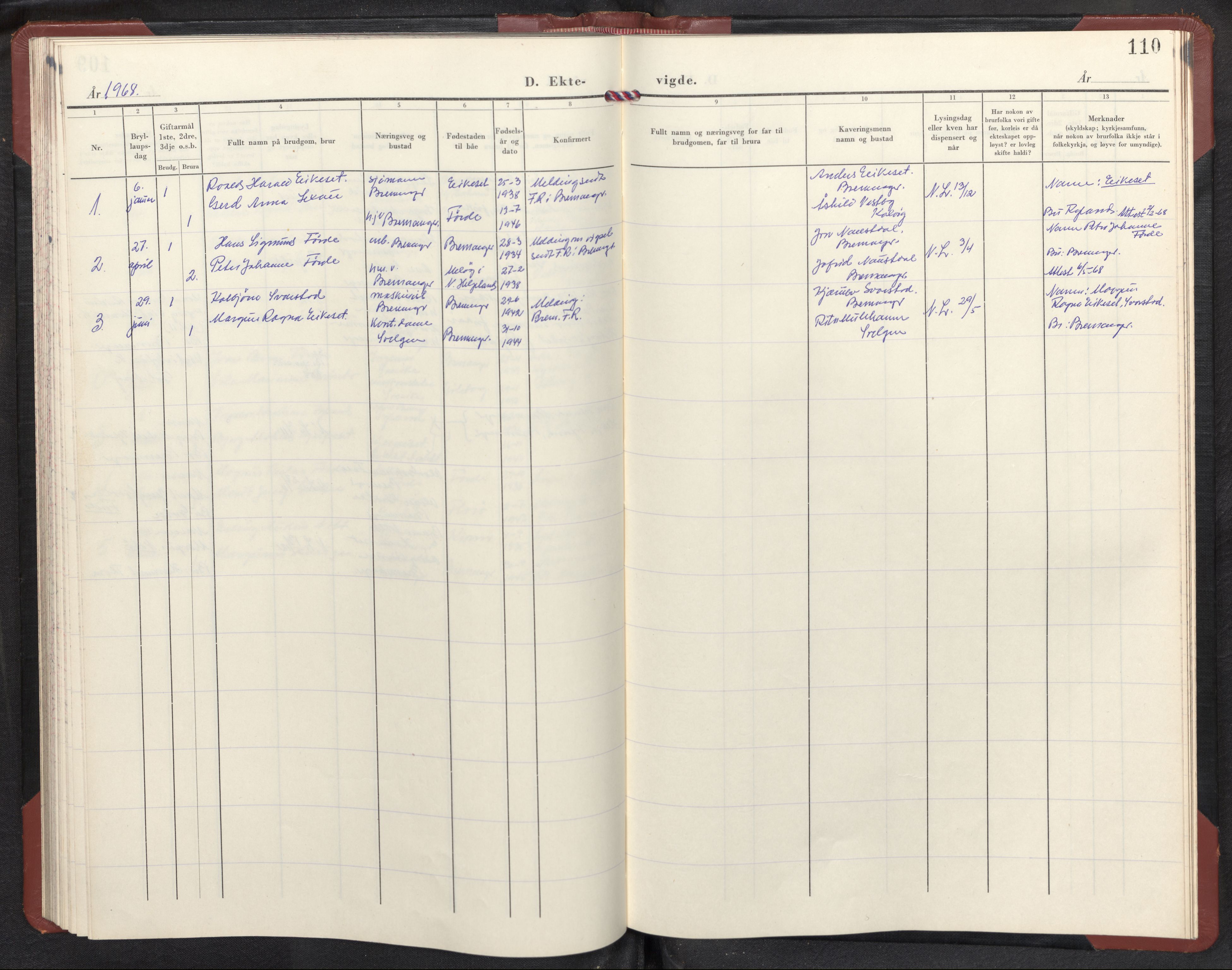 Bremanger sokneprestembete, SAB/A-82201/H/Hab/Habc/L0004: Parish register (copy) no. C 4, 1953-1970, p. 109b-110a