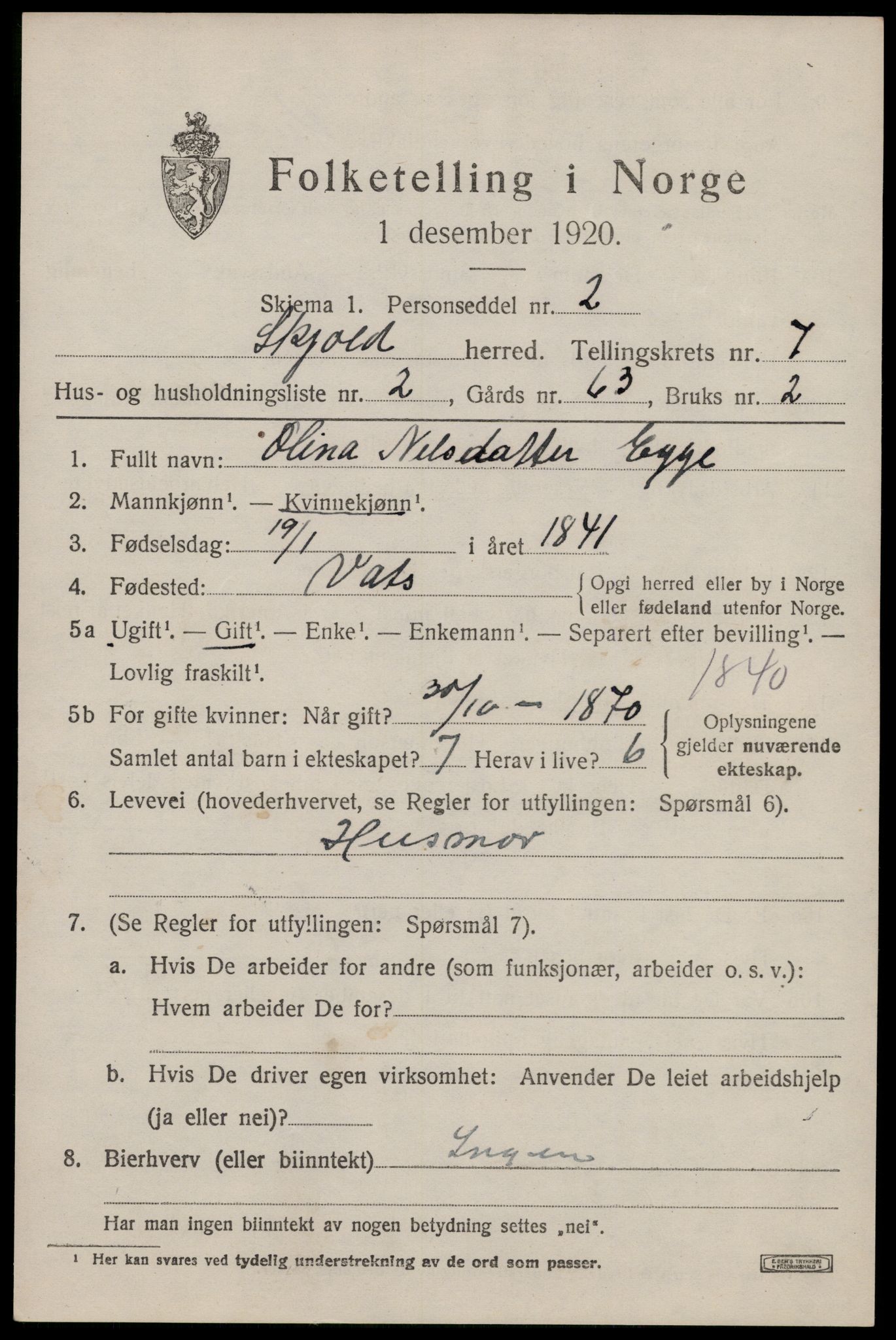 SAST, 1920 census for Skjold, 1920, p. 3896
