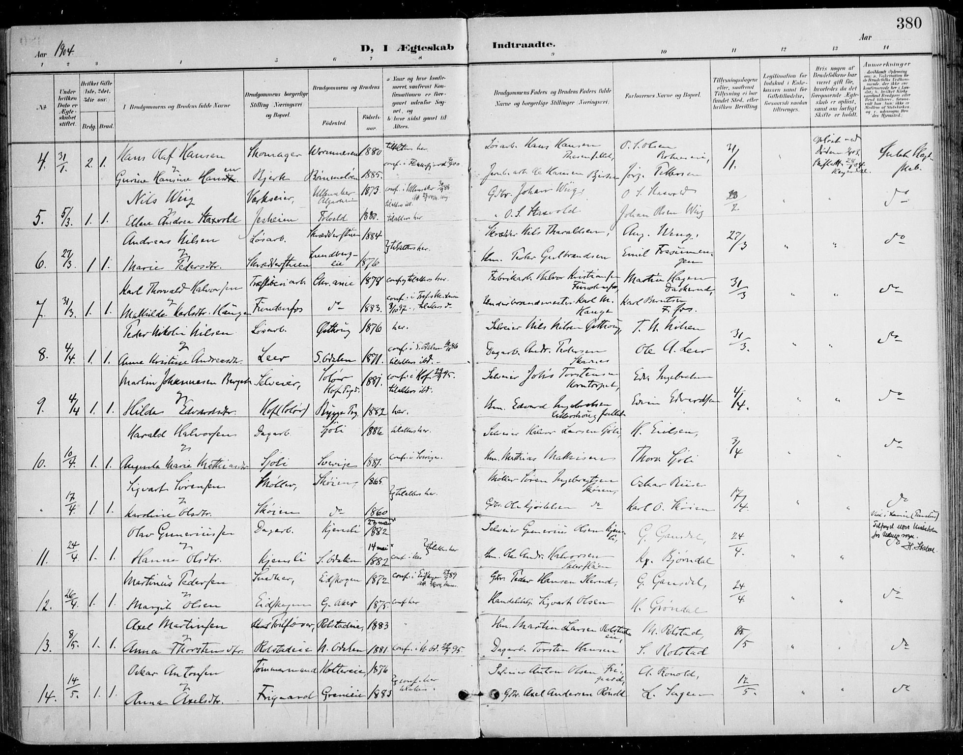 Nes prestekontor Kirkebøker, AV/SAO-A-10410/F/Fa/L0011: Parish register (official) no. I 11, 1899-1918, p. 380