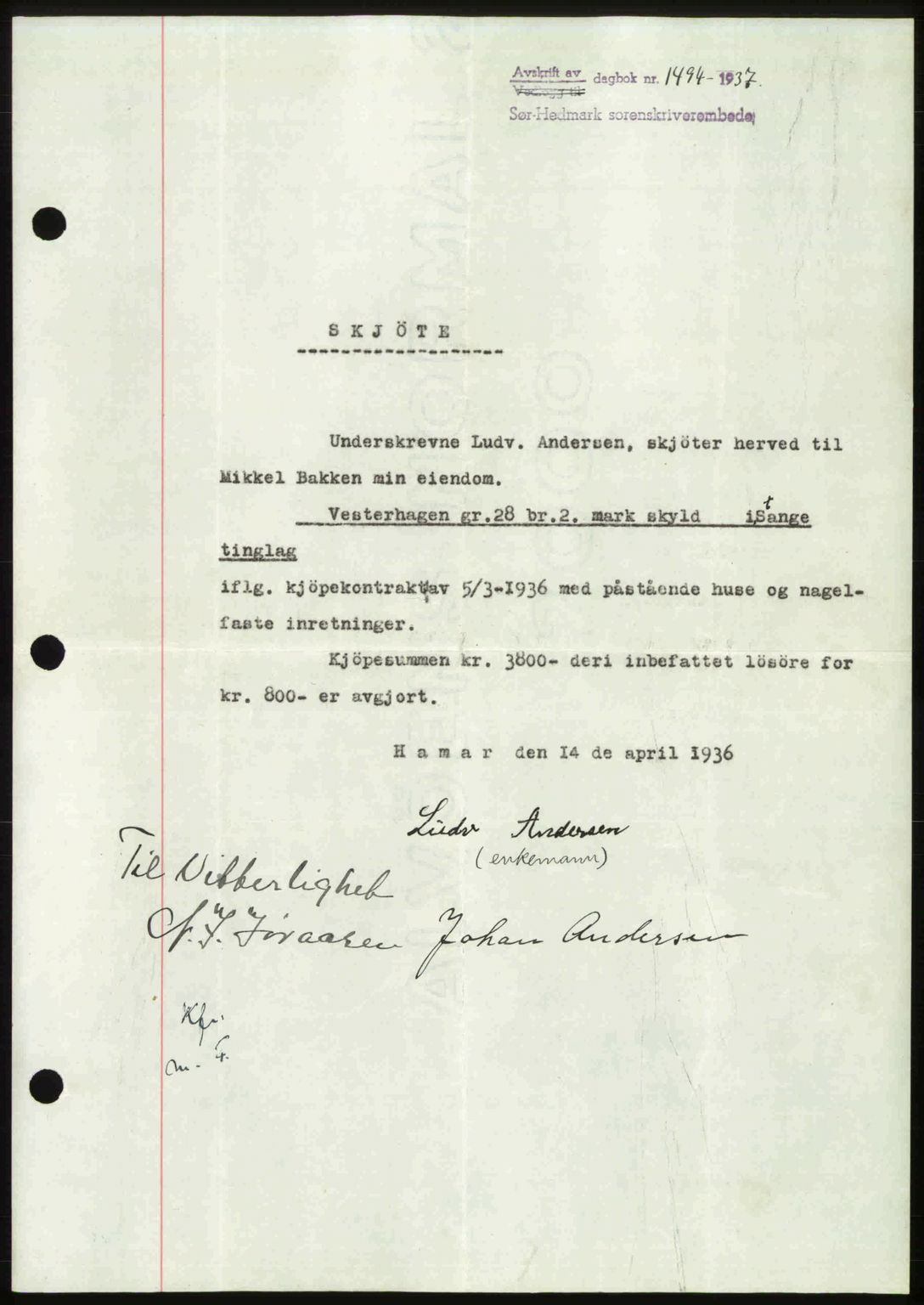 Sør-Hedmark sorenskriveri, SAH/TING-014/H/Hb/Hbd/L0003: Mortgage book no. 3, 1937-1938, Diary no: : 1494/1937