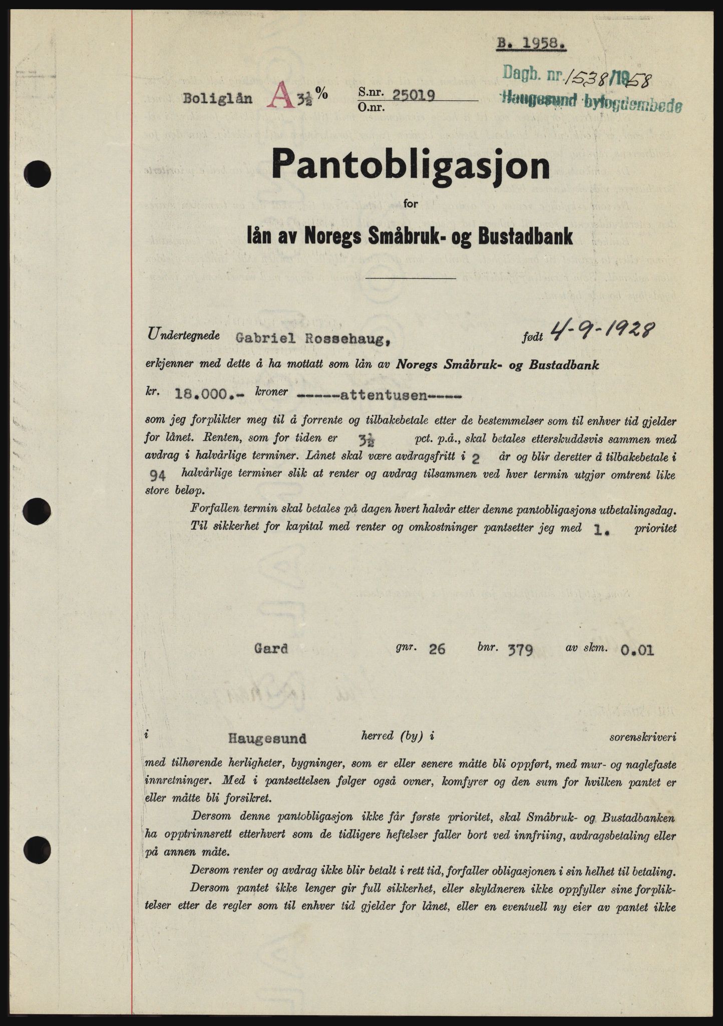 Haugesund tingrett, SAST/A-101415/01/II/IIC/L0044: Mortgage book no. B 44, 1958-1959, Diary no: : 1538/1958