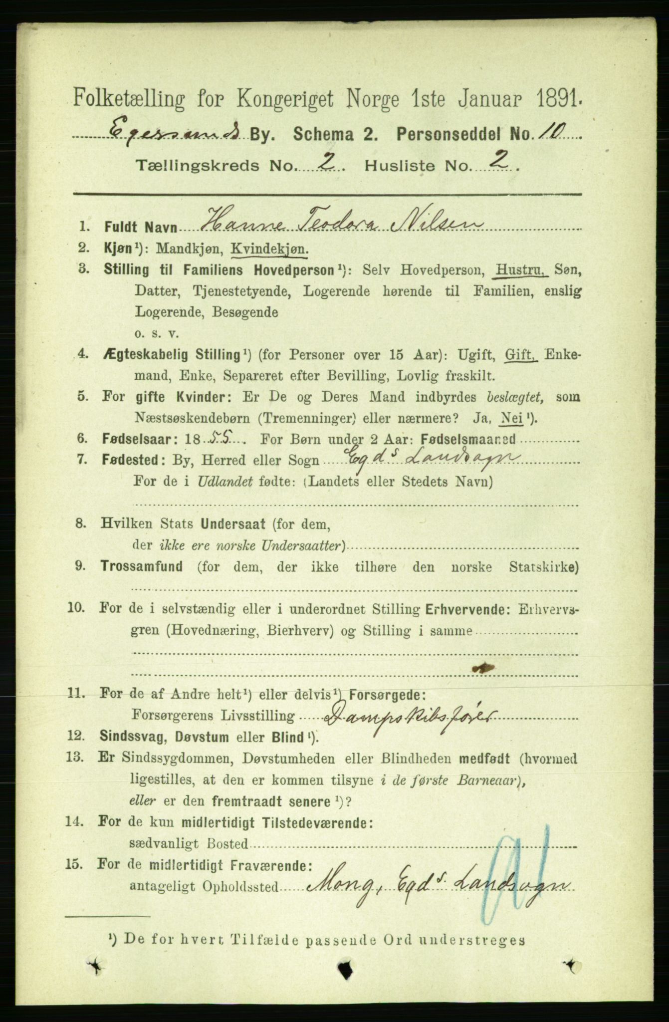 RA, 1891 census for 1101 Egersund, 1891, p. 243