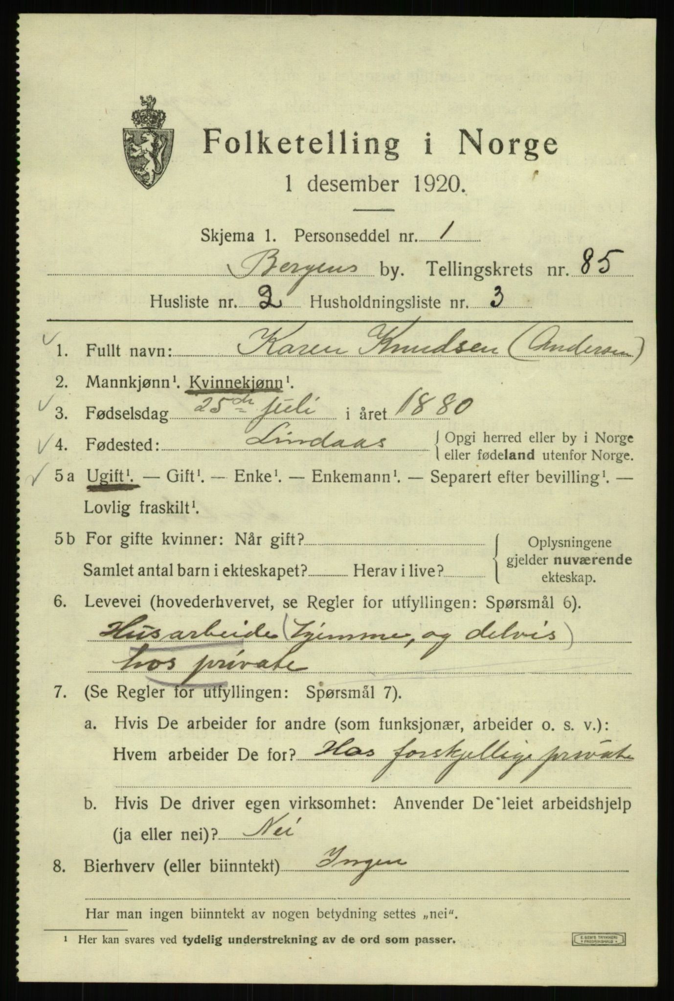 SAB, 1920 census for Bergen, 1920, p. 157069