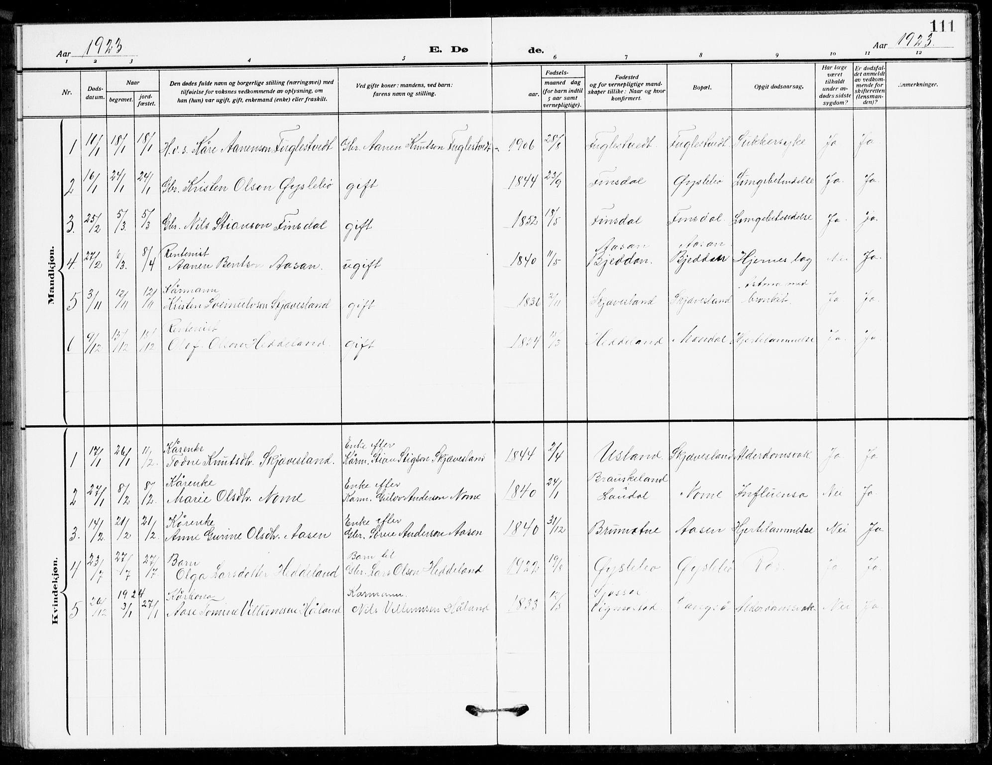 Holum sokneprestkontor, SAK/1111-0022/F/Fb/Fbc/L0004: Parish register (copy) no. B 4, 1908-1930, p. 111